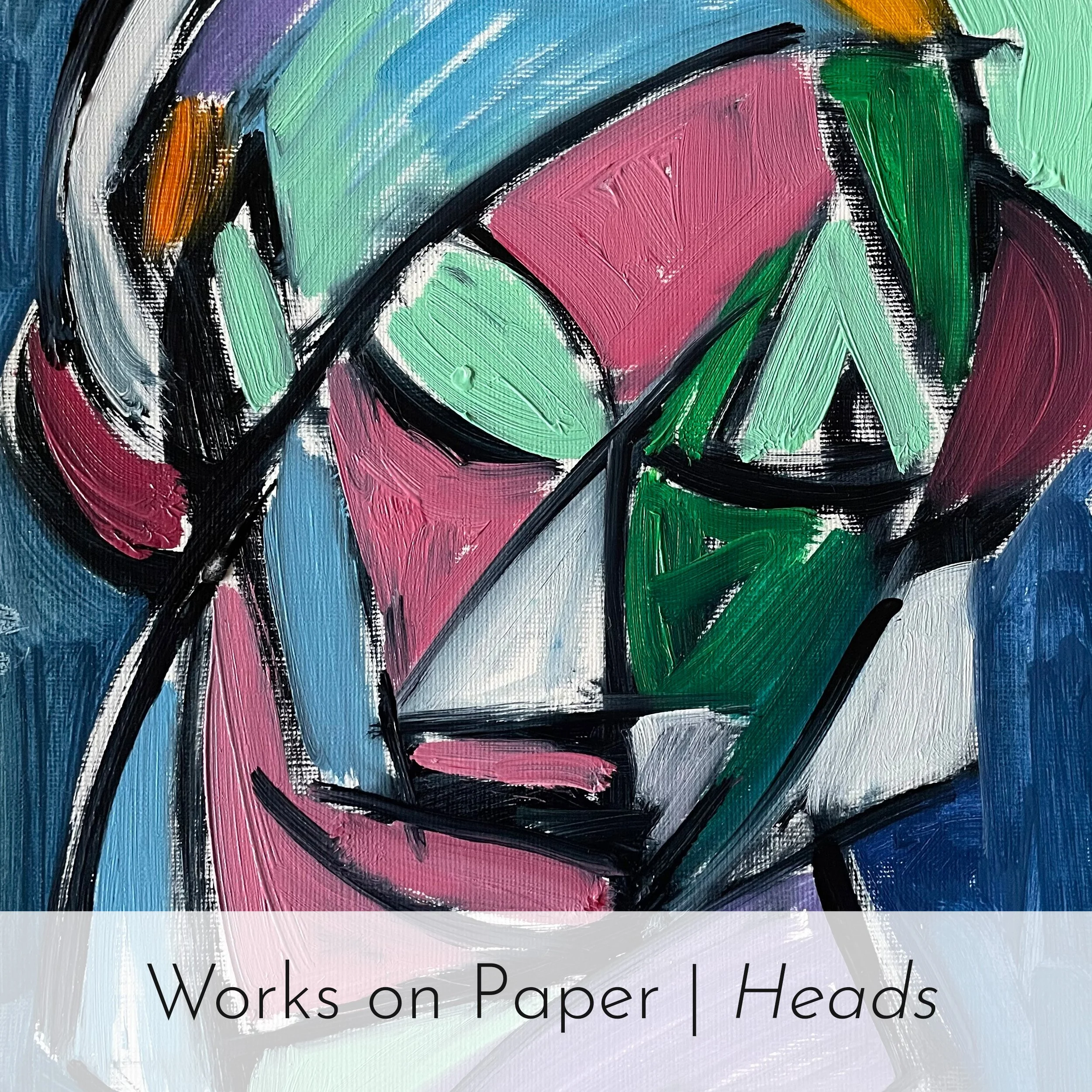 Abstract painting with bold brushstrokes and vivid colors, including pink, green, blue, black, and white, resembling a cubist style portrait.