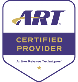ART Certified Provider badge with gold and purple design, indicating active release techniques.