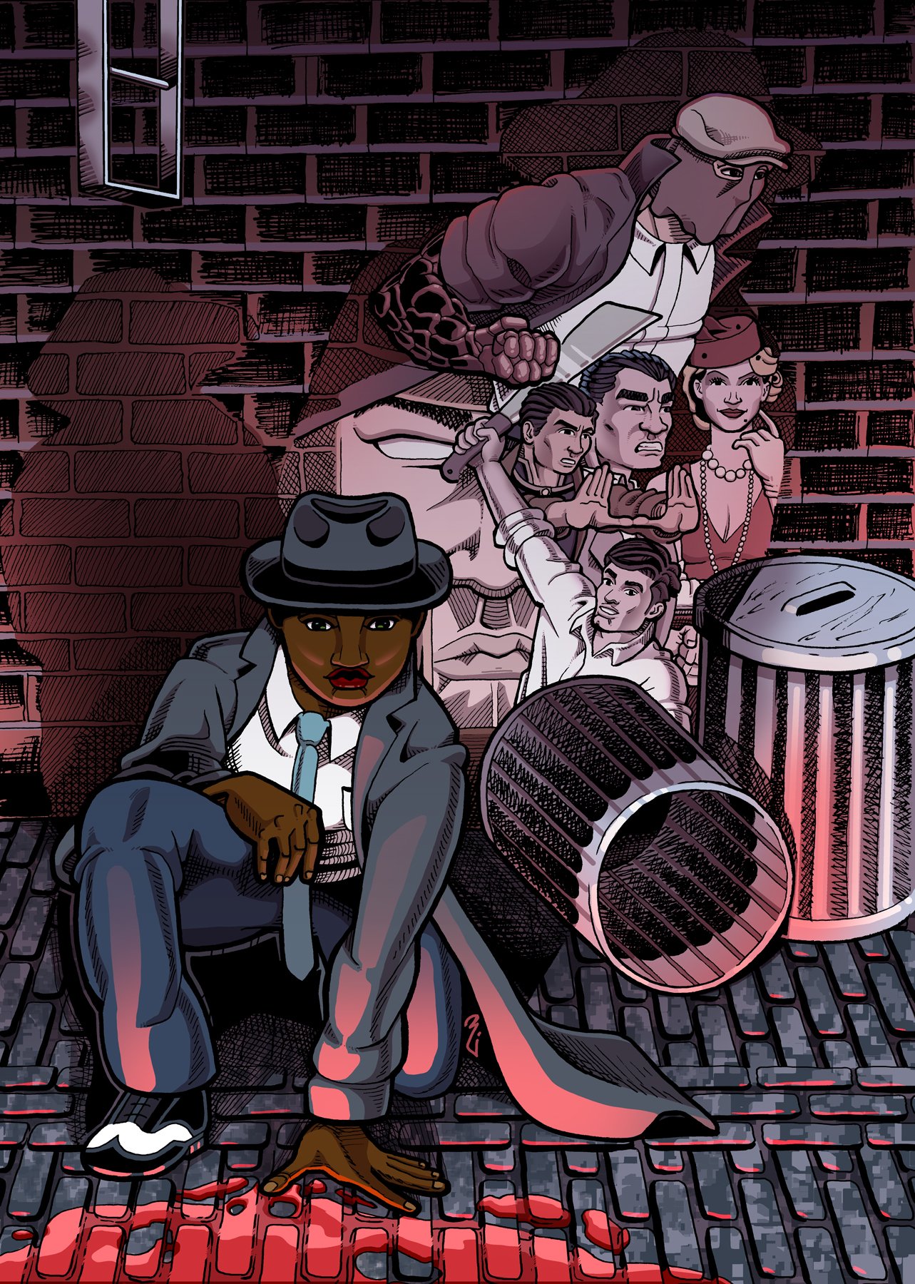 The cast of The Case Of The Cheap Suit Plot. Includes Chloe, Crank, Elliot, HWE, The Lady In Red, and has The Welder and The Legionnaire in the background. Art credit to Javier Cruz Winnik.