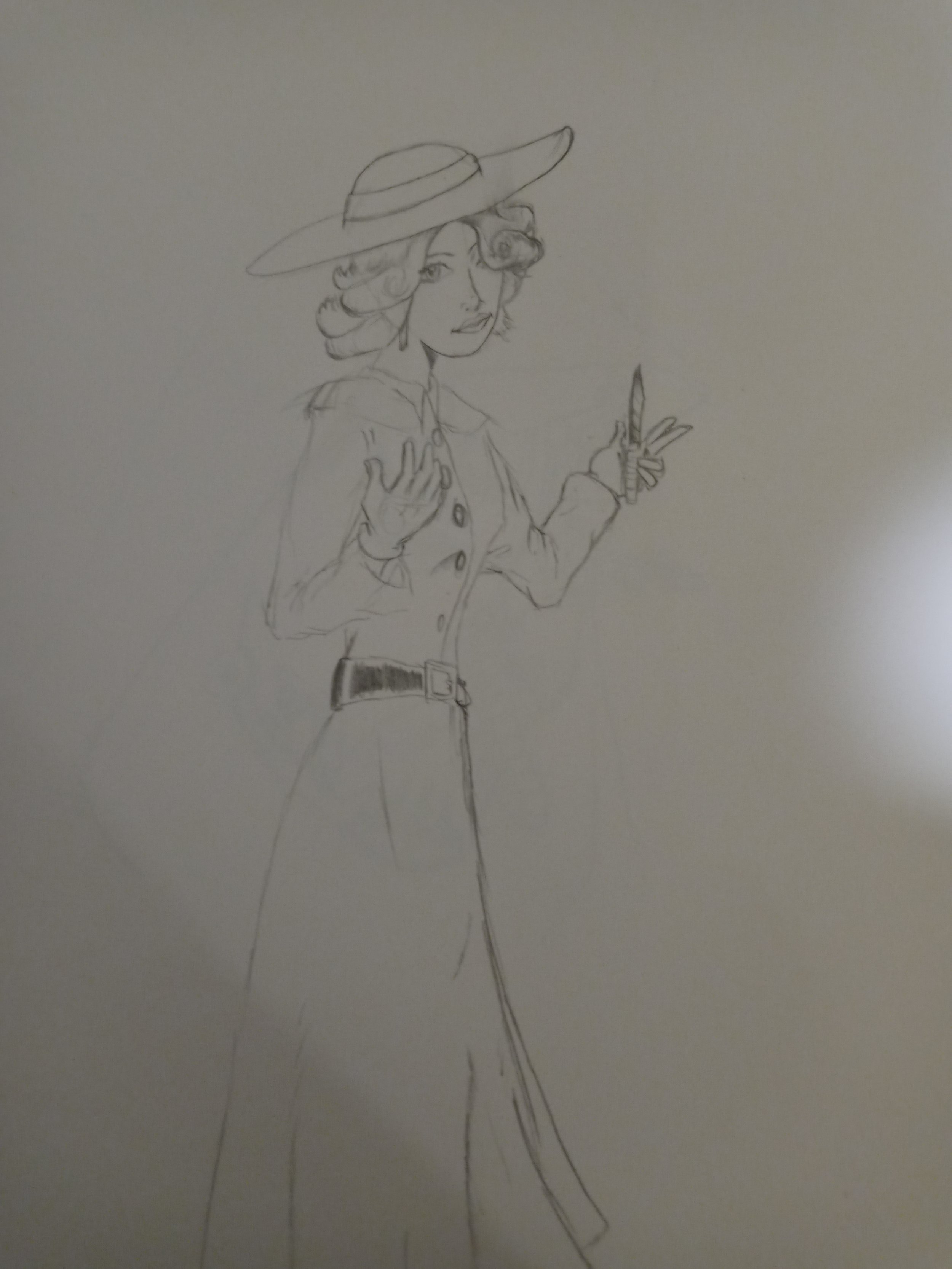 A pencil sketch of The Lady In Red (more villain images to come).