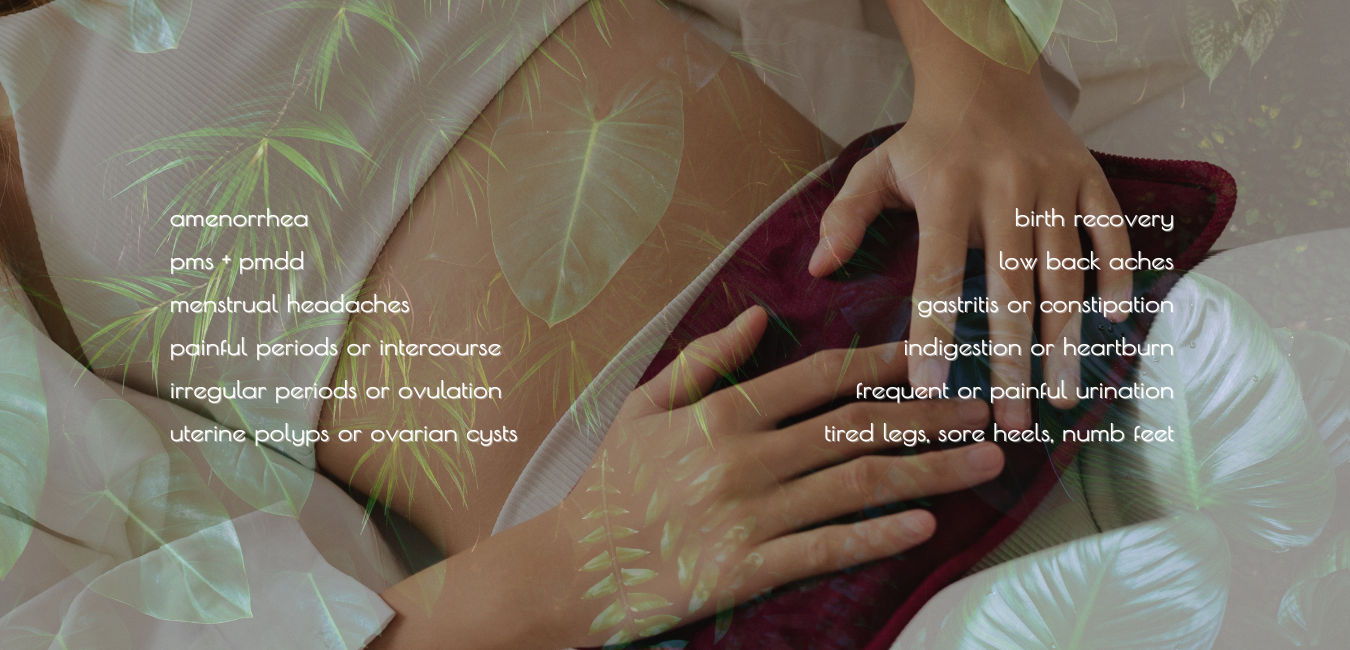 Woman lying on her back with a heating pad for period pain, overlay of lush green jungle leaves and words describing period related pain and issues
