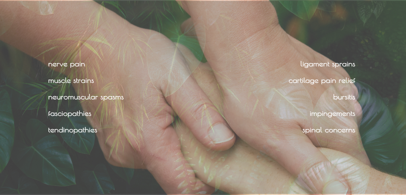 Hands massaging another person's hand, wrist and arm with a green overlay of lush jungle leaves, words on top describe musculoskeletal conditions and injuries