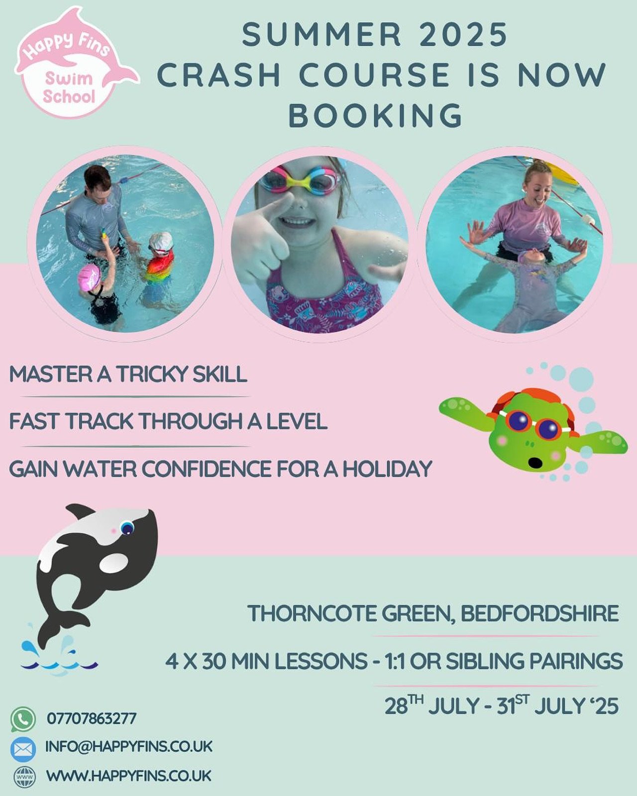 Summer 2025 Crash Course is now open for booking 🙌 

Whether your swimmer wants to master a tricky skill, fast track through a level or build confidence before a holiday, we&rsquo;ve got you covered.

Details:
&bull; Thorncote Green, Bedfordshire
&b