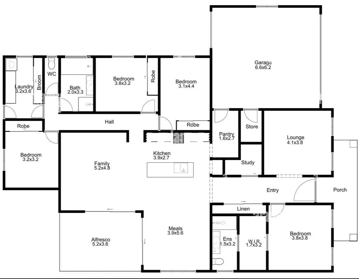 Floor plan of a house including bedrooms, bathrooms, kitchen, family room, lounge, garage, porch, and other spaces.