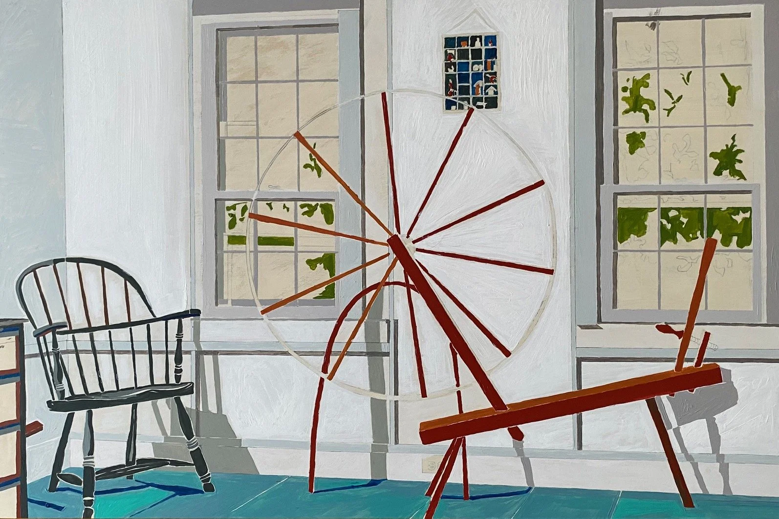 Painting of a room with a spinning wheel, two windows showing green foliage, and a wooden chair. Light blue flooring and light walls are visible.