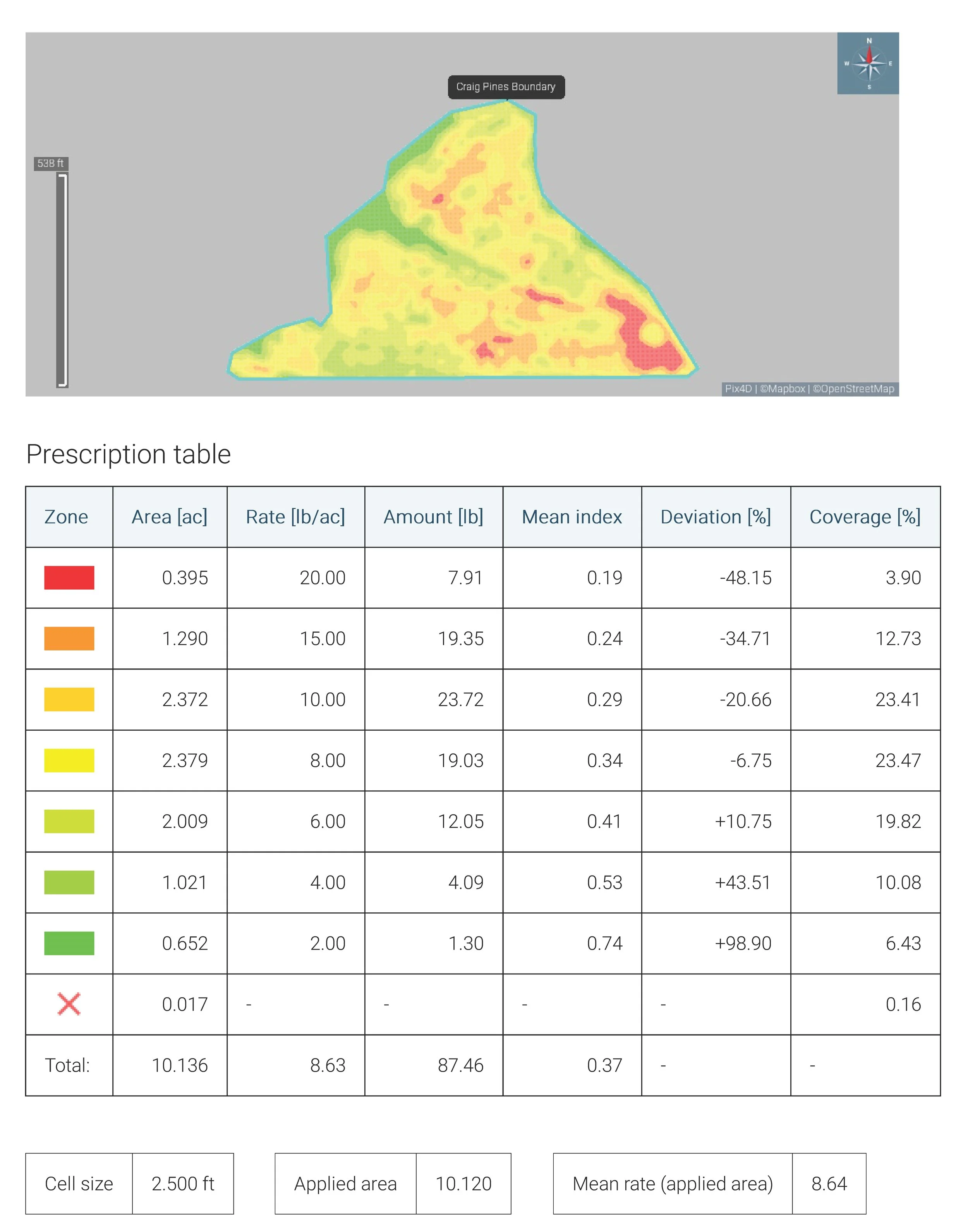 This is the application map recommending how many pounds of fertilizer would be applied at a recommended rate of 50 lbs of fertilizer per acre, showing the amounts for each section.