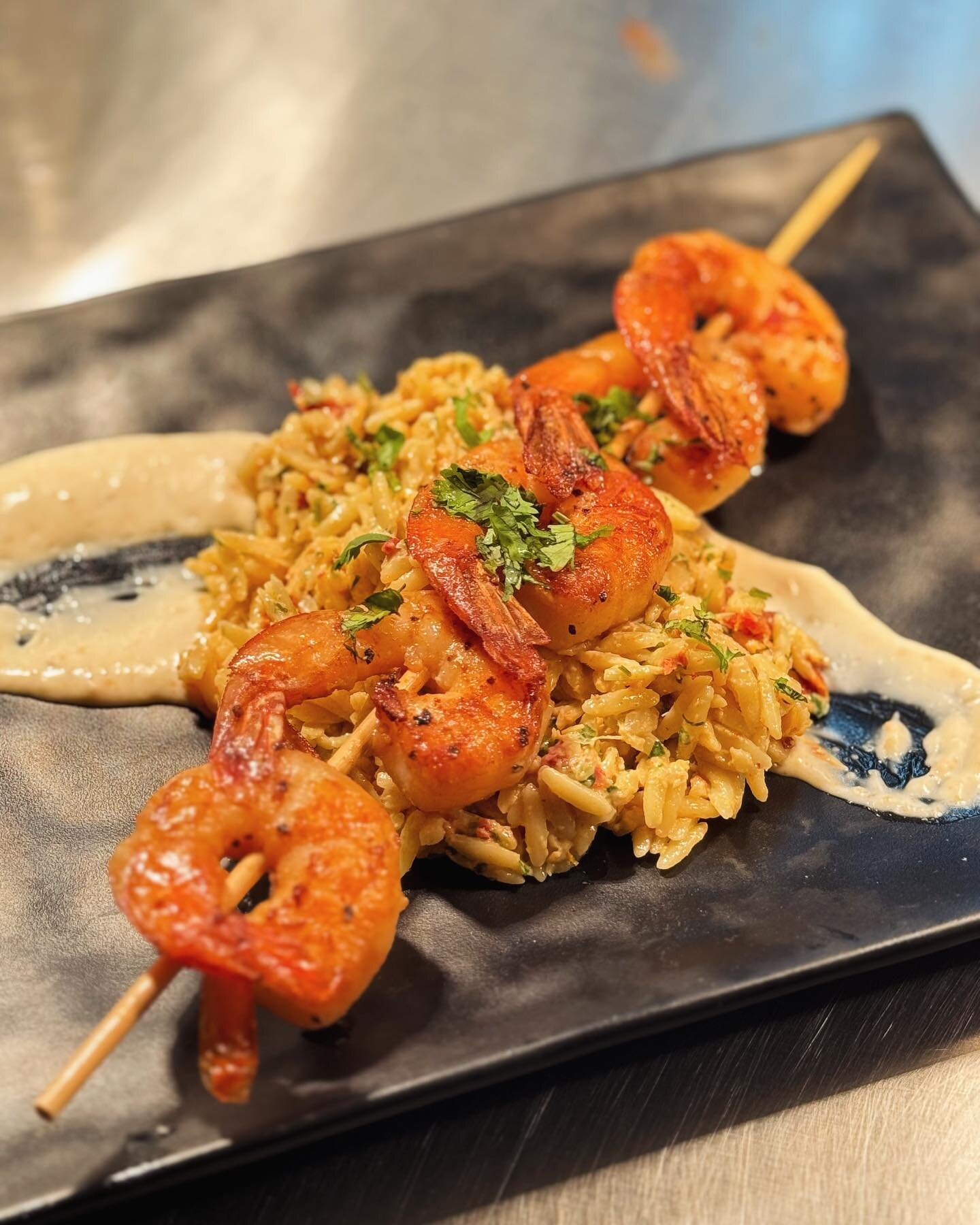 Friday Feature: Smoked Shrimp skewer with Mediterranean orzo!