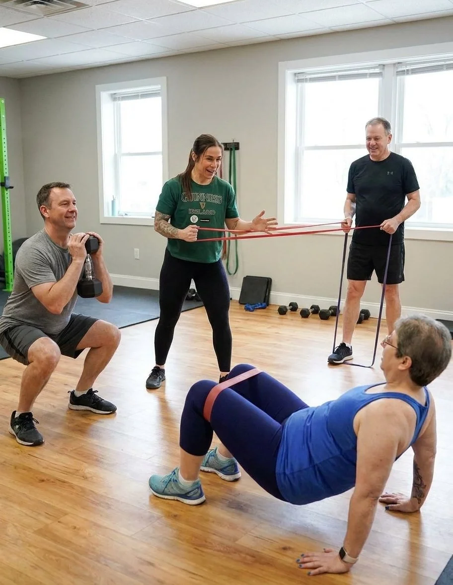 Small group training session with participants performing strength exercises under coach supervision