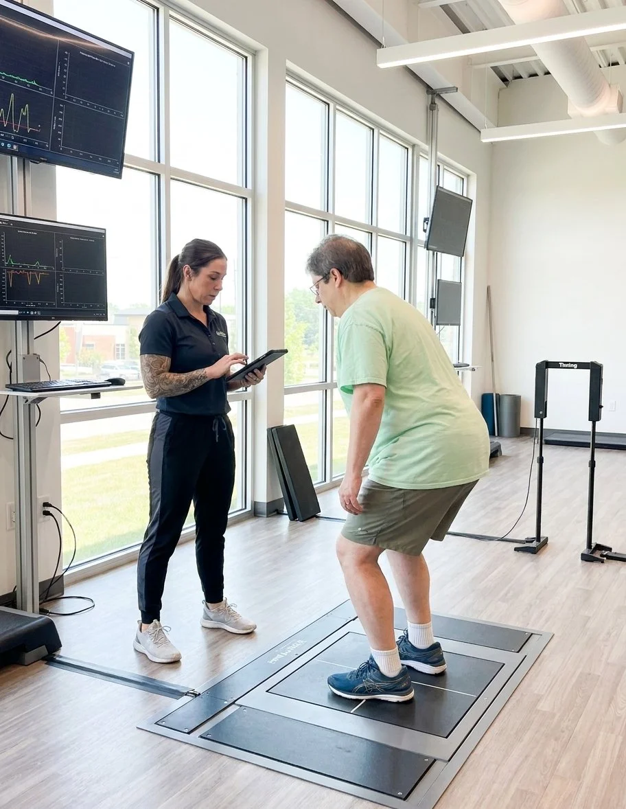 Patient working with a provider at a performance physical therapy clinic in Rhinelander, WI during a functional movement assessment