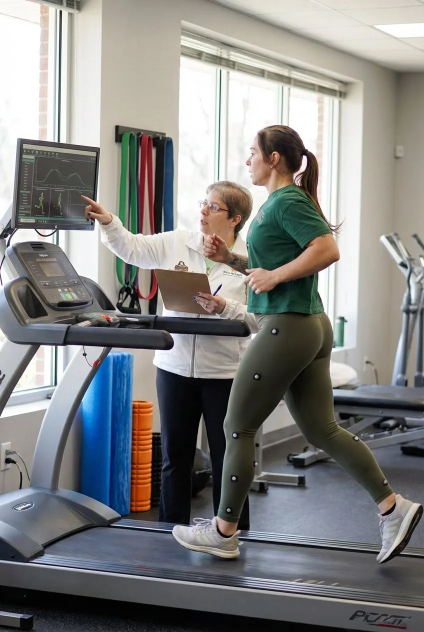 Patient working with a provider at a running physical therapy clinic in Rhinelander during movement assessment