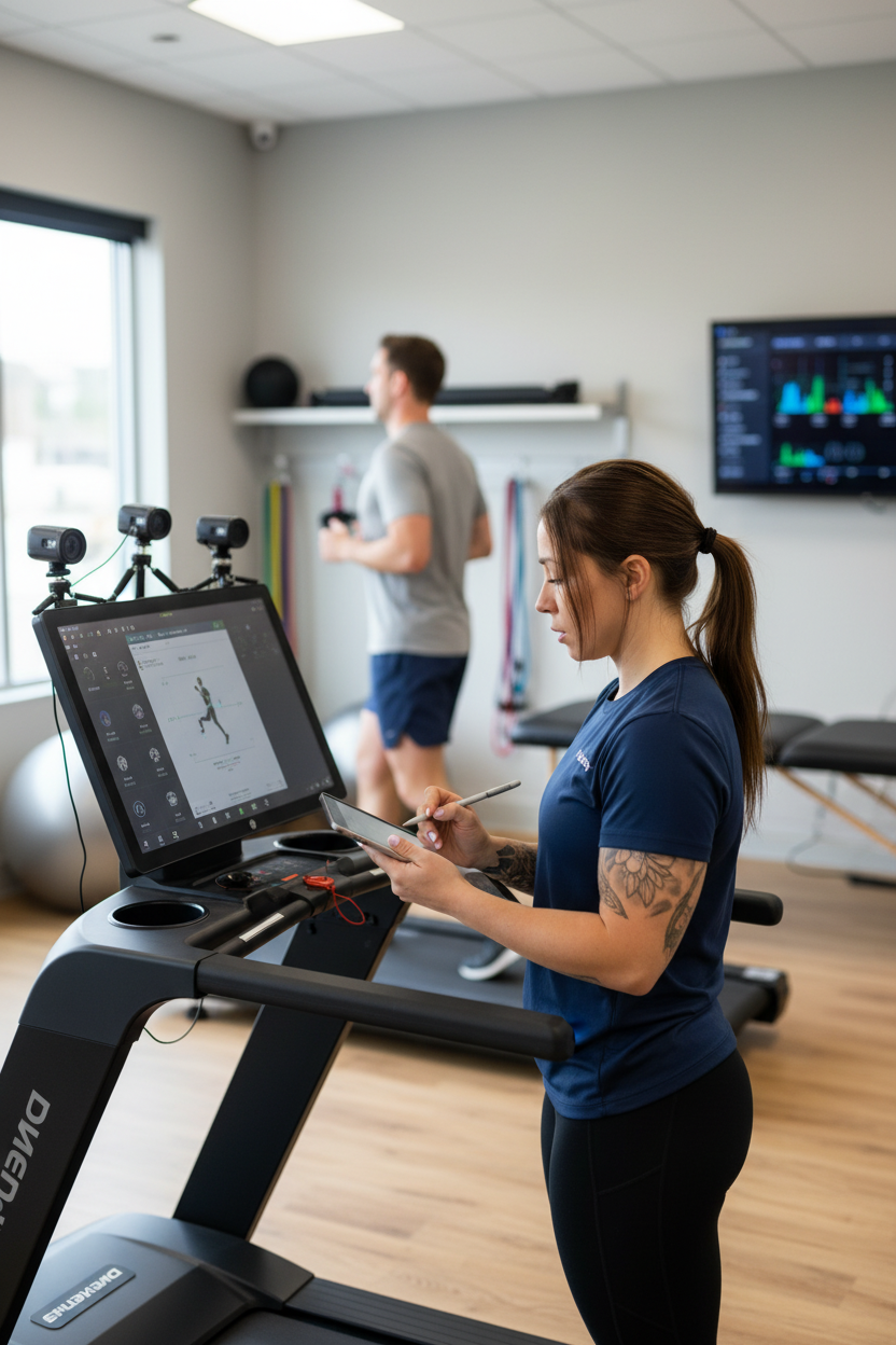 Physical therapist conducting running gait analysis for athlete in Rhinelander physical therapy clinic specializing in performance training