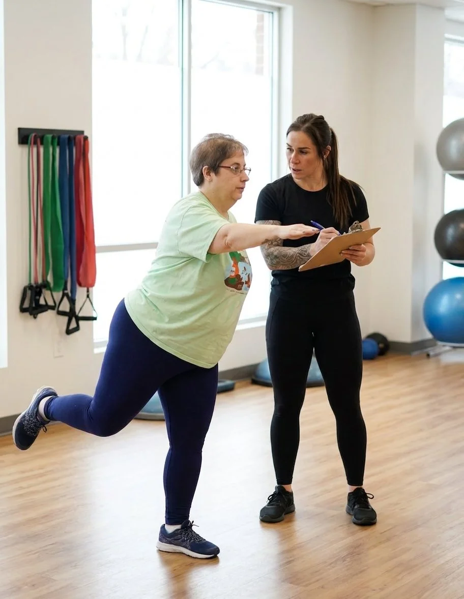 Athlete performing strength training exercise with a coach in a gym setting