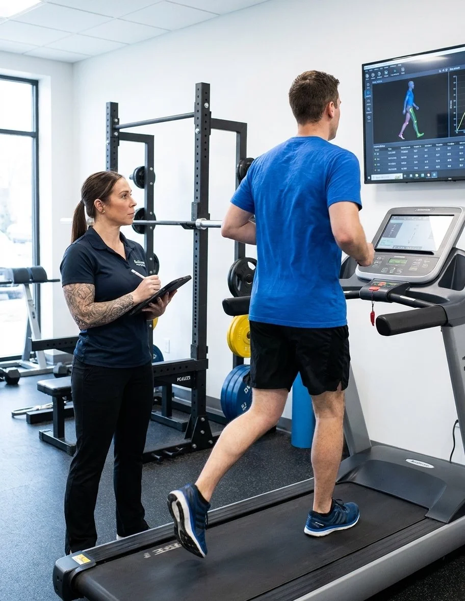 Patient working with a provider at a running physical therapy clinic in Rhinelander, WI during a treadmill gait analysis session