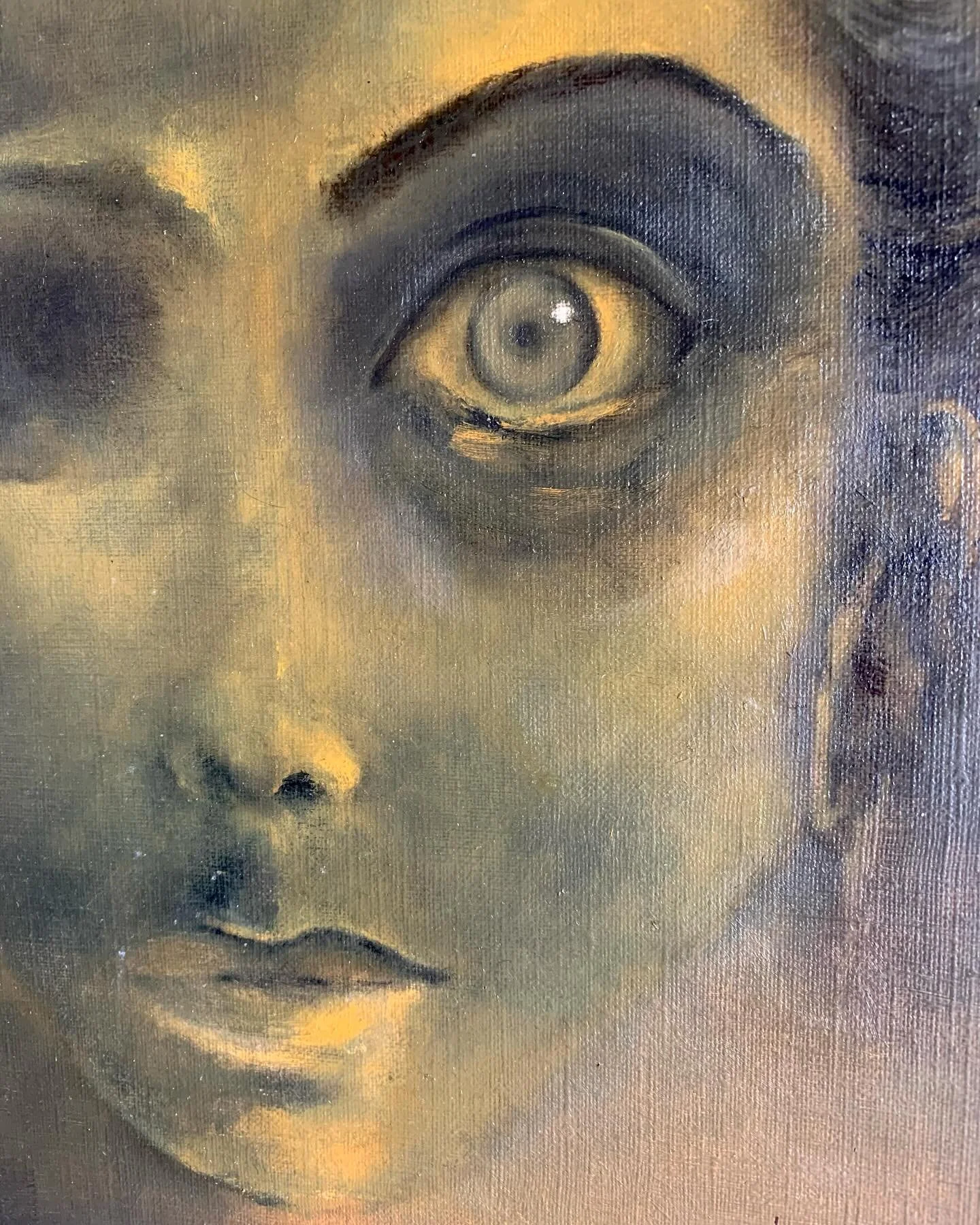 This painting is oil on heavyweight paper. It started as a quick shadow study and morphed into something more. The project began after I witnessed, from across a room, a looming reflection on a glassy dark device screen.

9x12