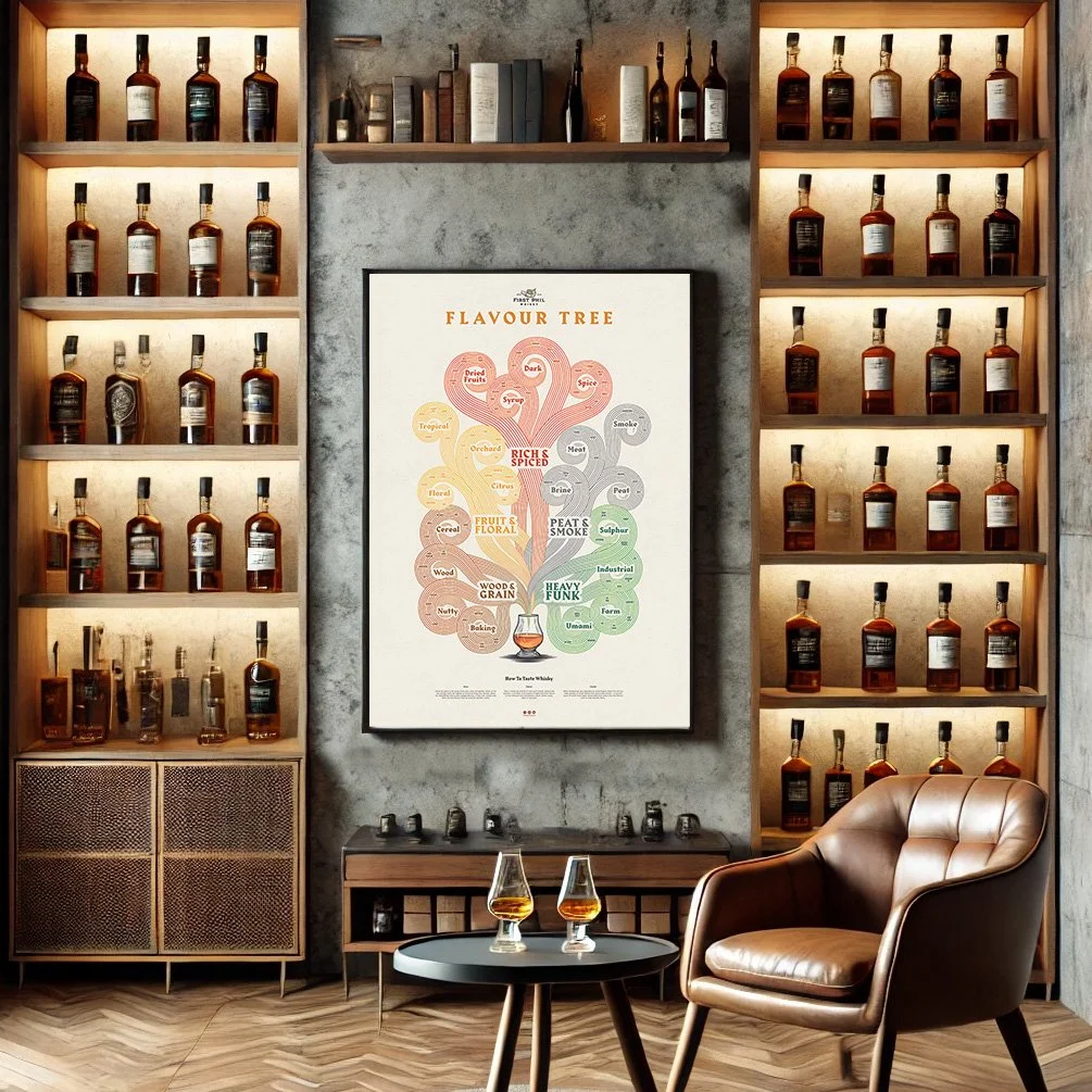 Interior of a whiskey lounge with wooden shelves displaying bottles, a central flavor wheel poster, leather armchairs, and a table with two glasses of whiskey.