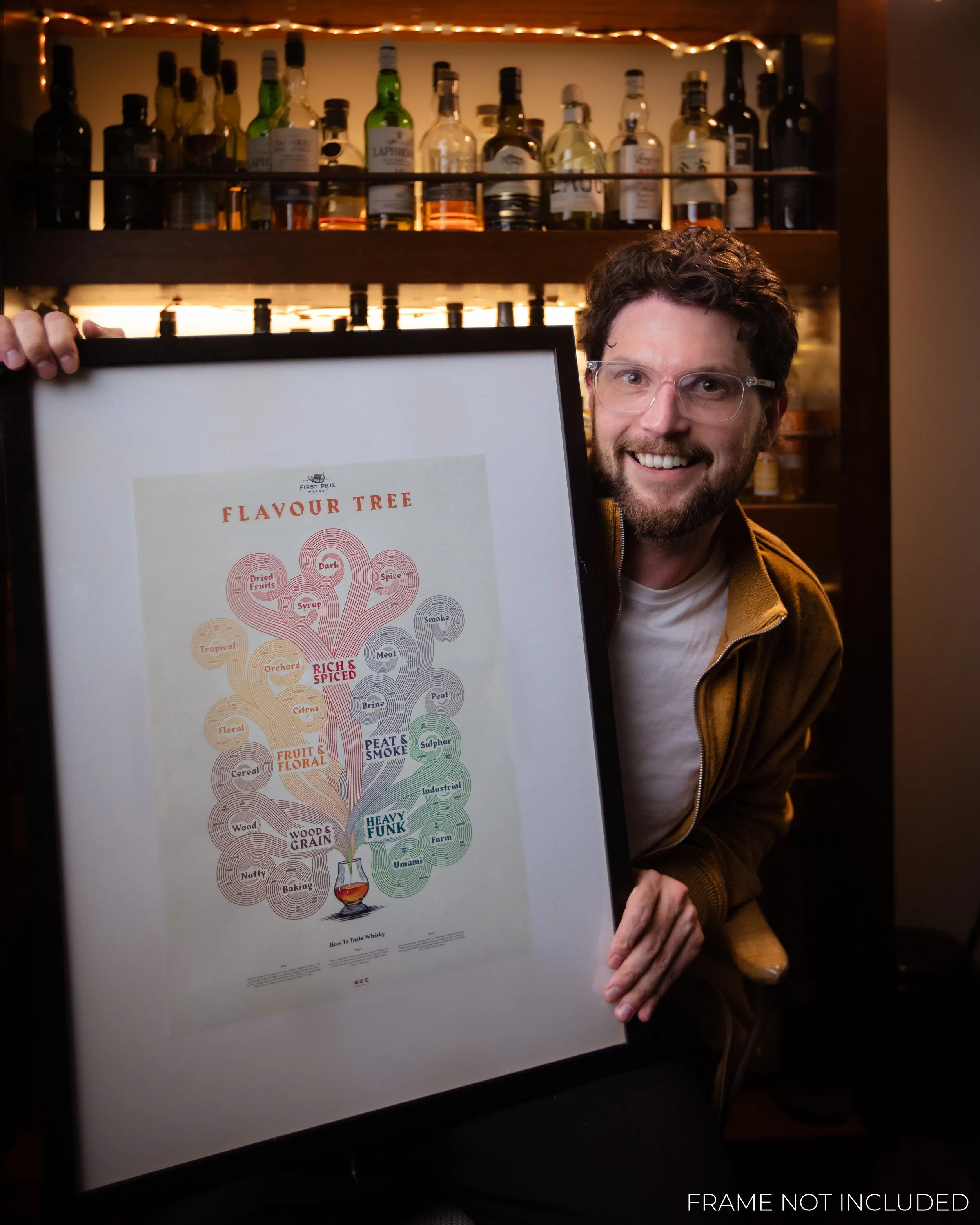 Person holding a framed "Flavour Tree" poster with different whiskey flavor profiles, surrounded by bottles on a shelf in the background.