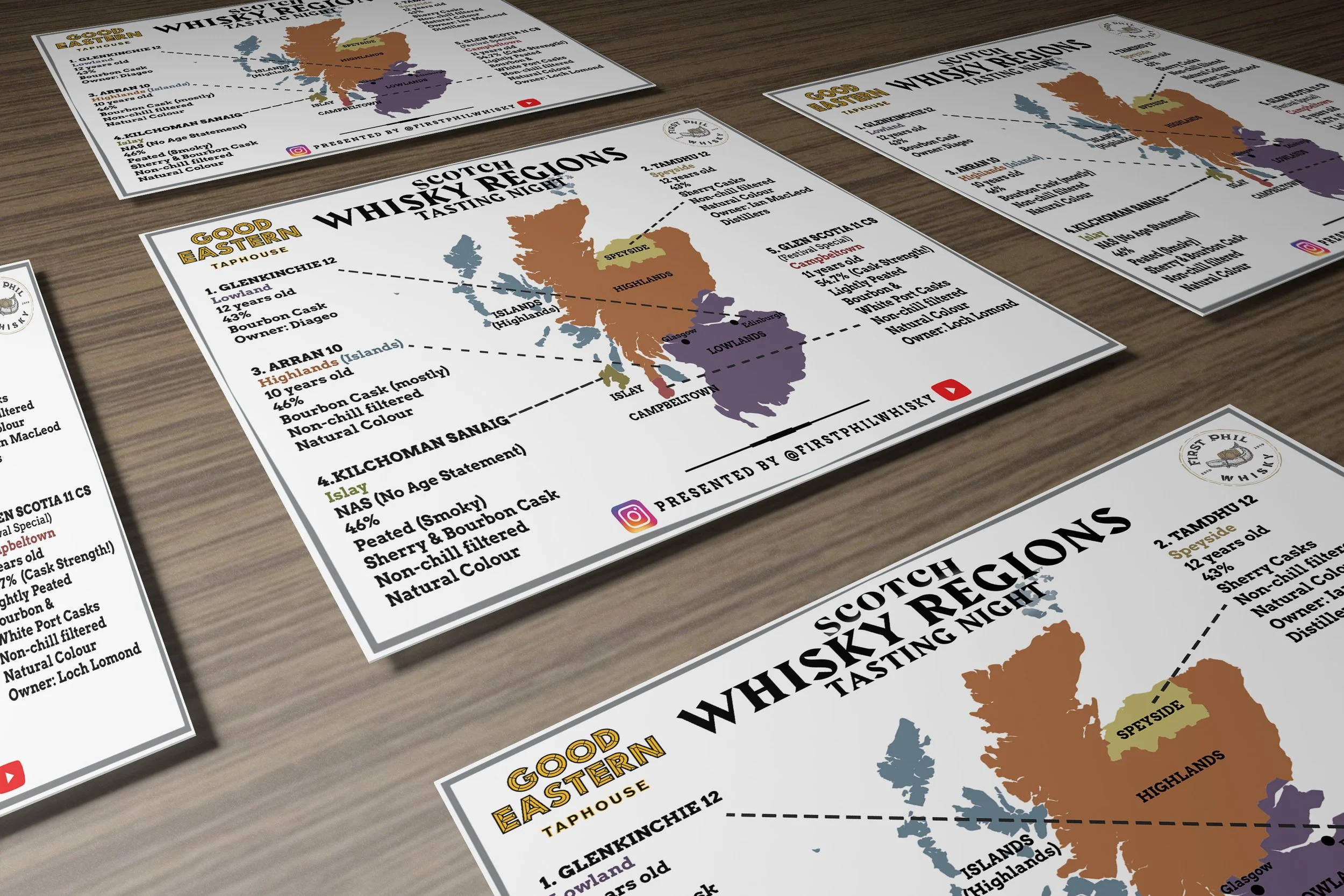 Flyers for Scotch whisky tasting night with regional map and details of whiskies from Lowlands, Highlands, Speyside, Islay, and Islands.