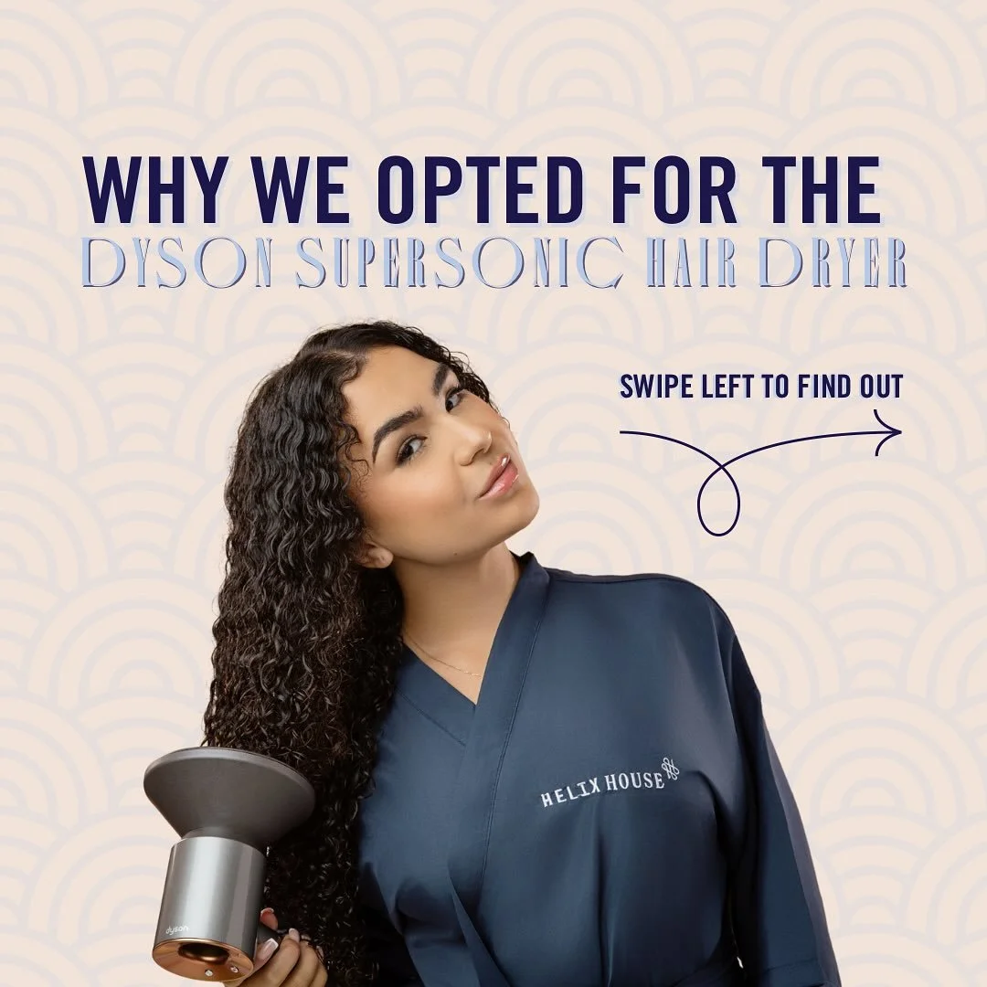 🌀Hey Curlfriends! Healthy curls deserve the best, which is why we’ve upgraded to the Dyson Supersonic Hair Dryer💙
🌀At Helix House Salon, we’re committed to the quality and care of your textured hair✨
🌀Our new Dyson dryers are design