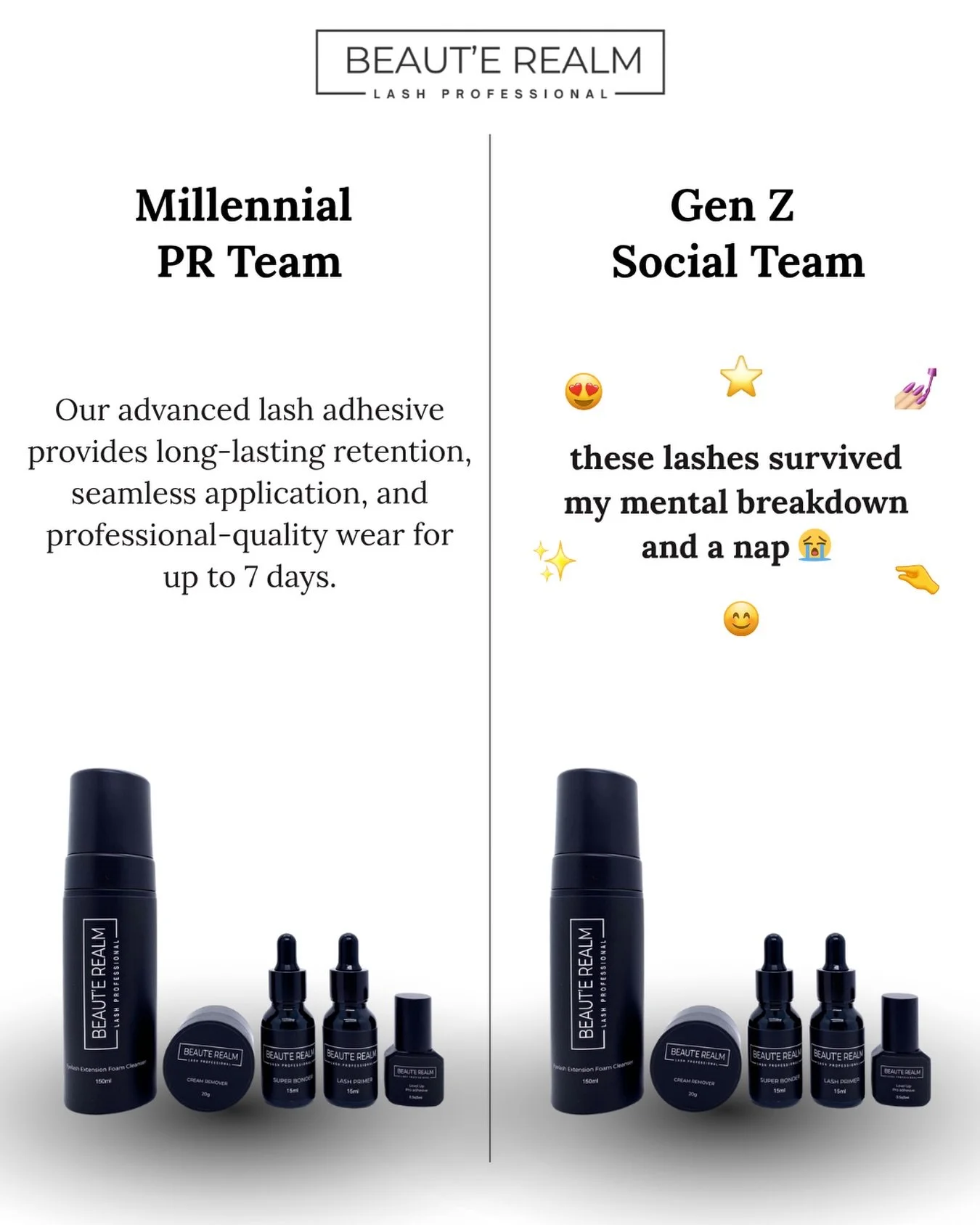 Millennial lash artist shopping for supplies:
&ldquo;I&rsquo;m looking for an adhesive with a strong hold that works well in varying humidity levels, has a reasonable dry time, and won&rsquo;t cause sensitivity issues for my clients. I&rsquo;d also l