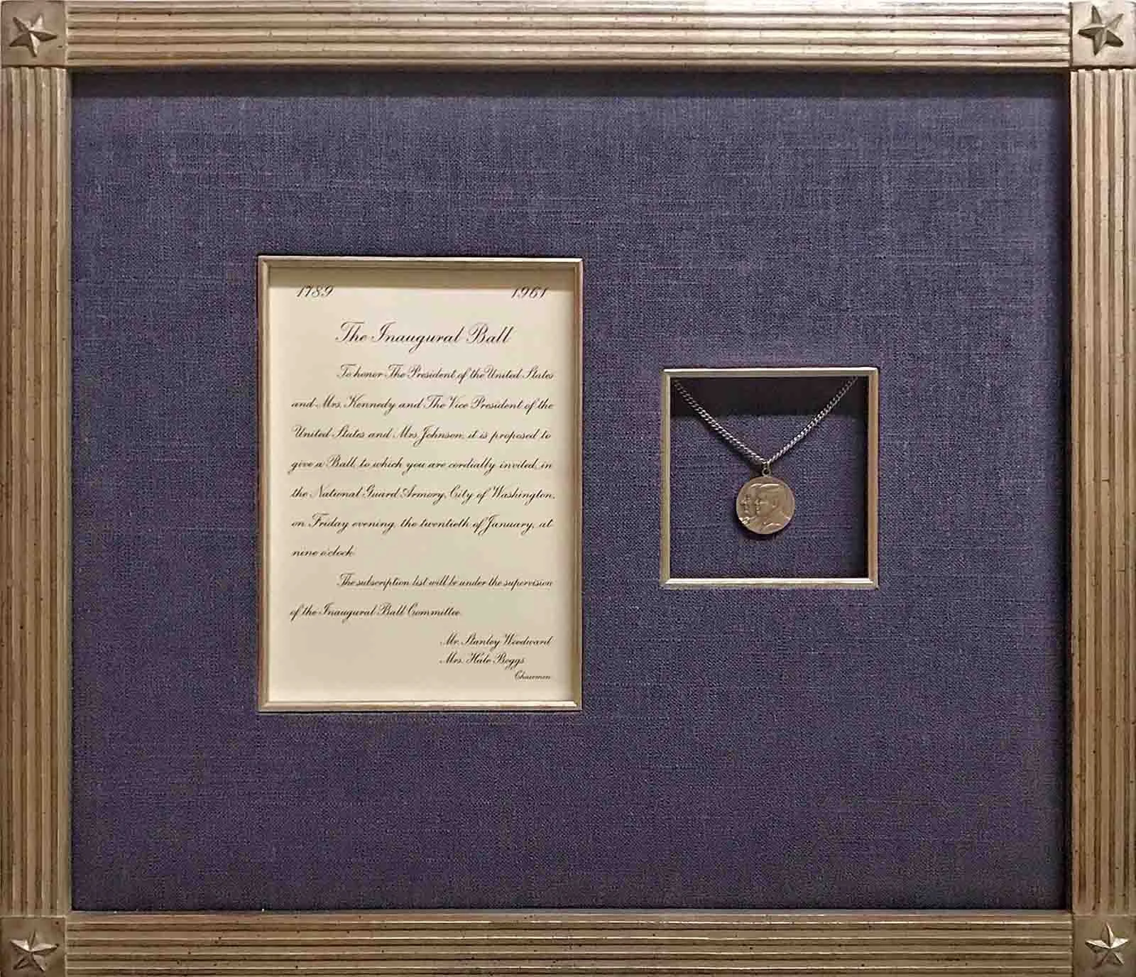 Kennedy inaugural ball invitation and medallion. Blue linen fabric with custom key block corner frame and fillet, white gold leaf over red clay.