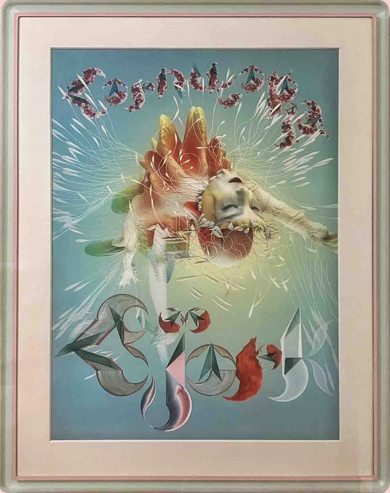 Bjork concert poster, matted with a hand wrapped silk and framed in a two tone blue/pink acrylic frame.