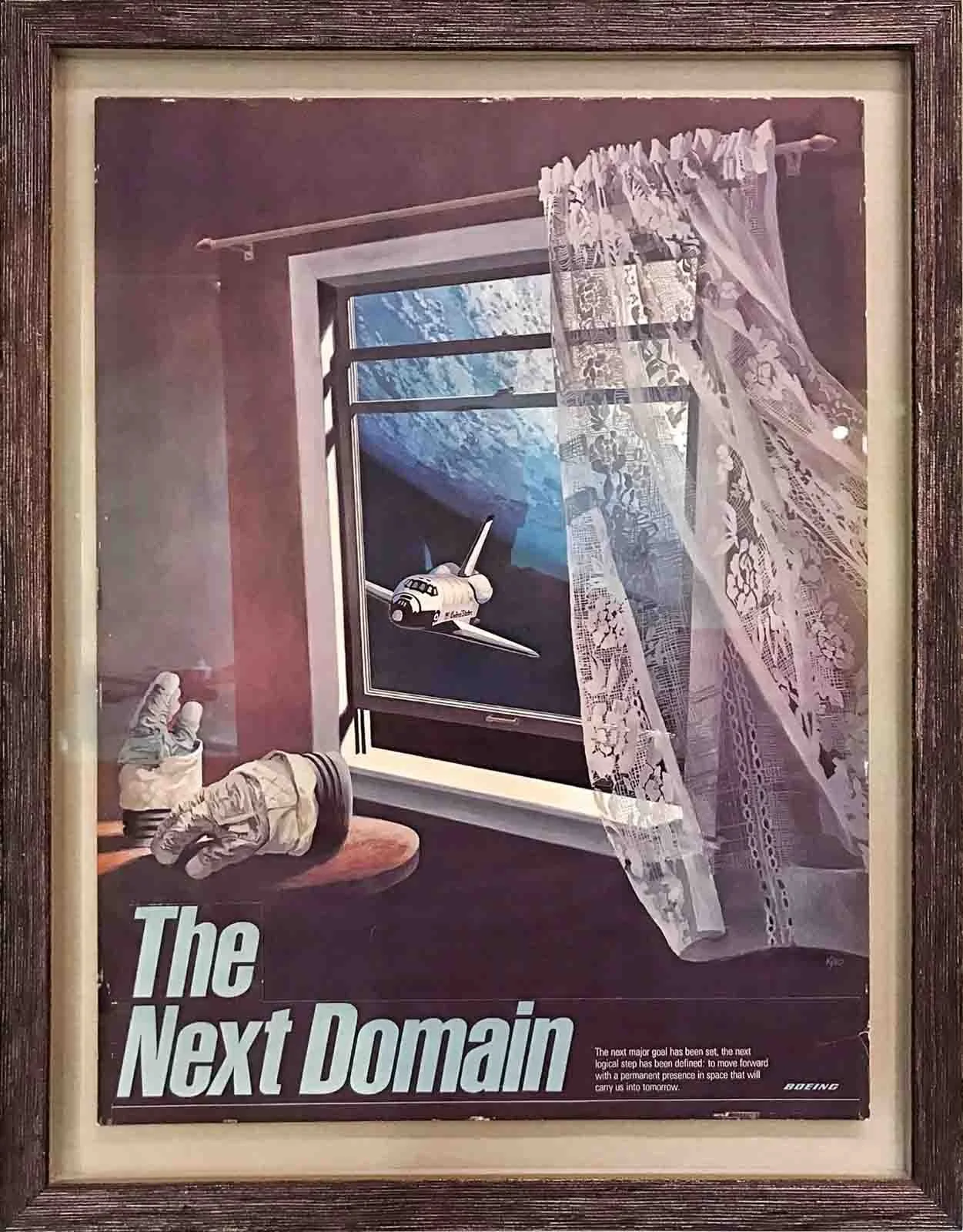 Vintage NASA poster floated on grey silk. Hand finished purple patina frame over silver leaf.