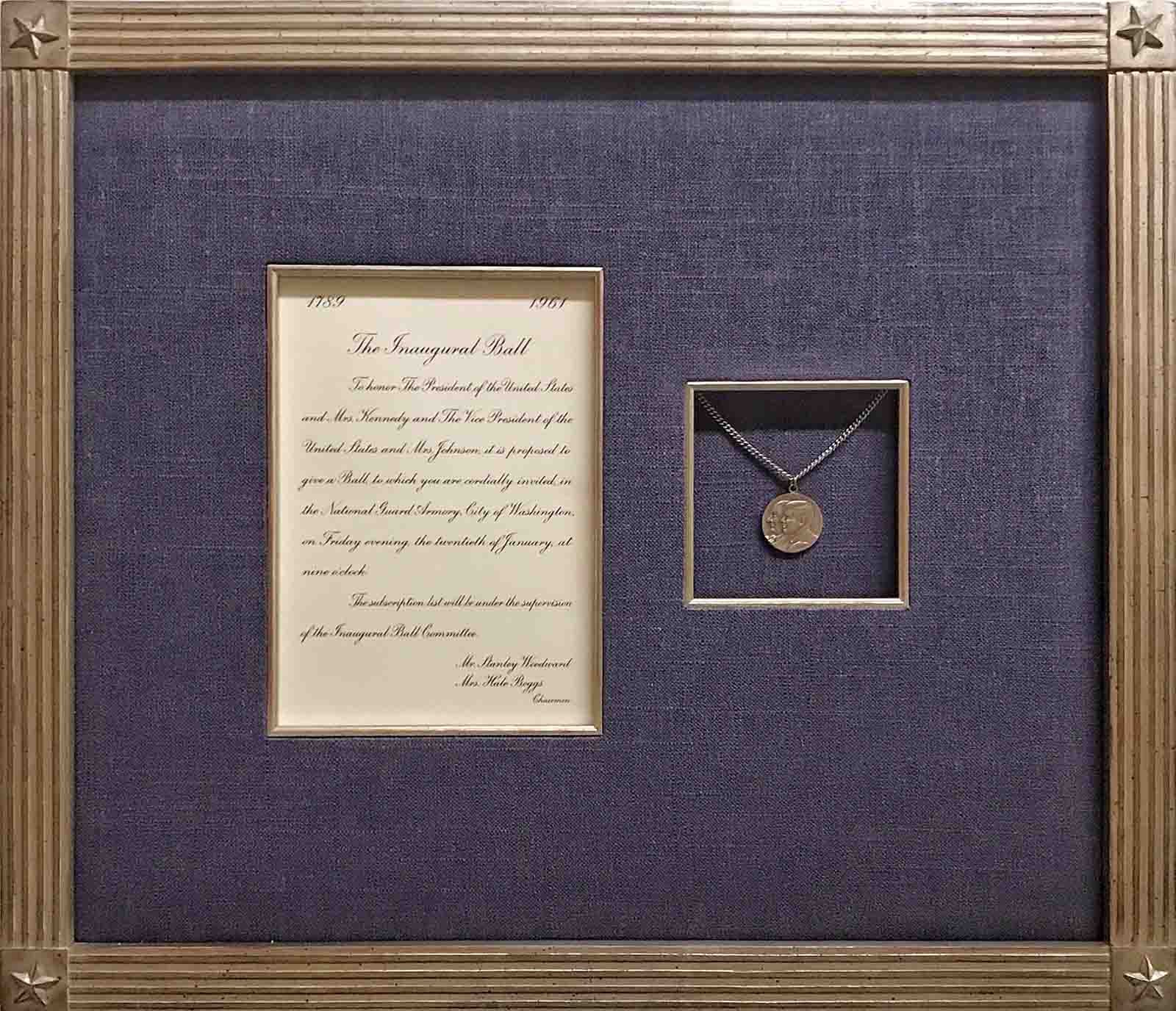 Kennedy inaugural ball invitation and medallion. Blue linen fabric with custom key block corner frame and fillet, white gold leaf over red clay. 