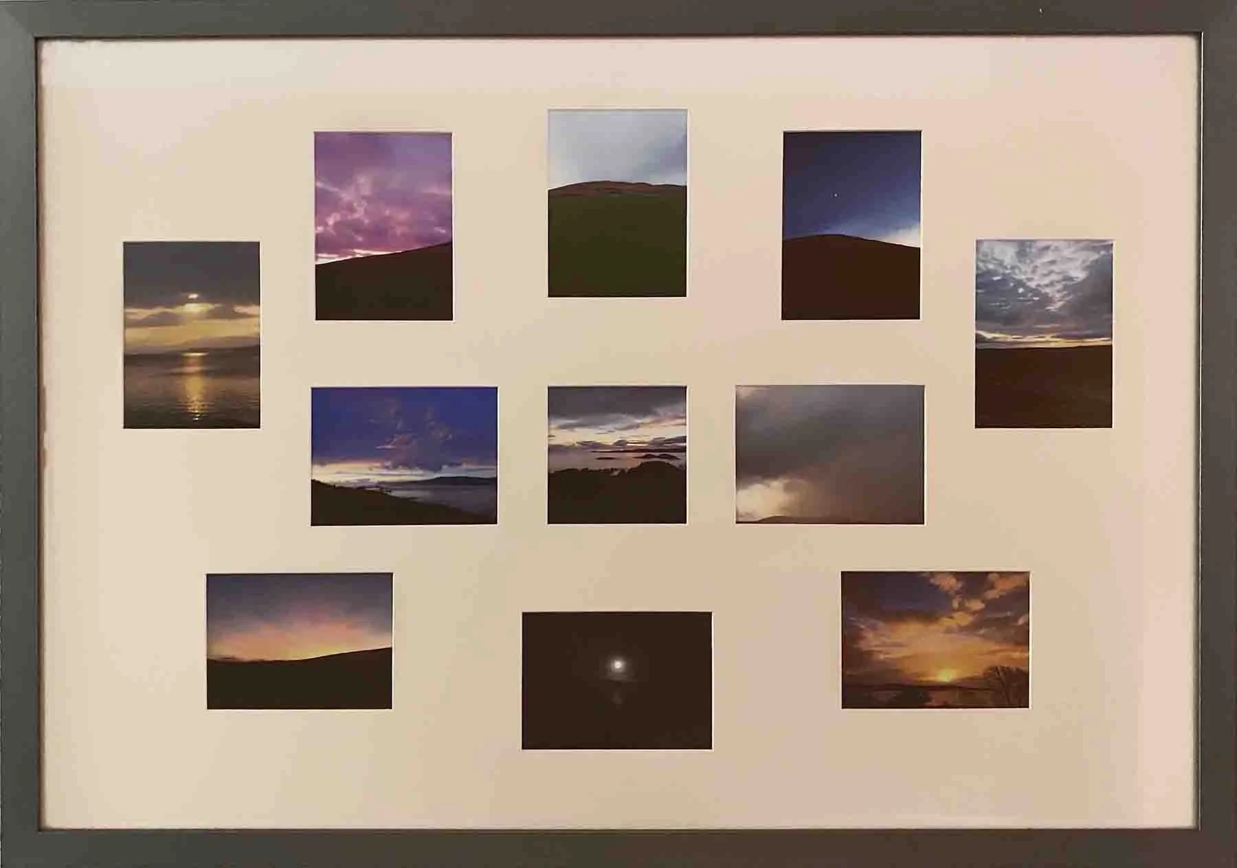 Photograph collection mounted in symmetrical hand cut multi-windowed cotton rag mat with gallery frame.