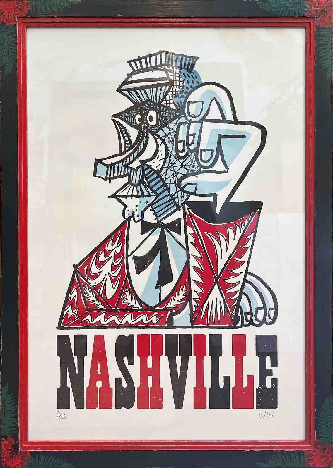 Nashville poster, in a custom frame with hand painted floral embellishments. 