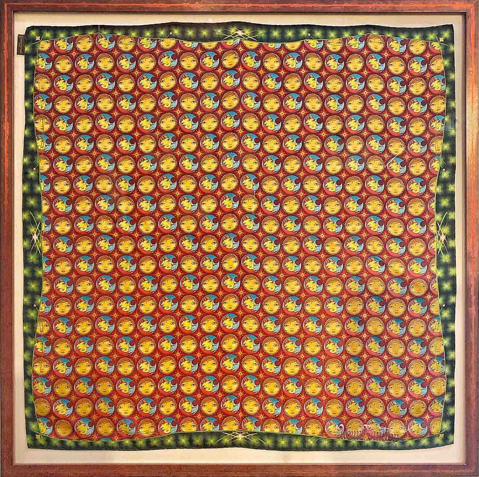 Silk scarf, mounted on hand wrapped silk backing in hand finished red raku ceramic styled frame.