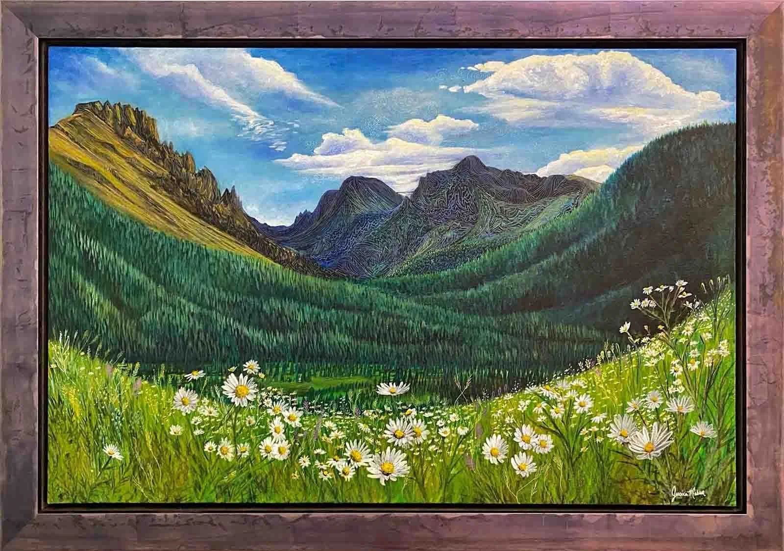 Oil painting, mounted in custom stacked float frame, with hand finished purple raku ceramic styled exterior.