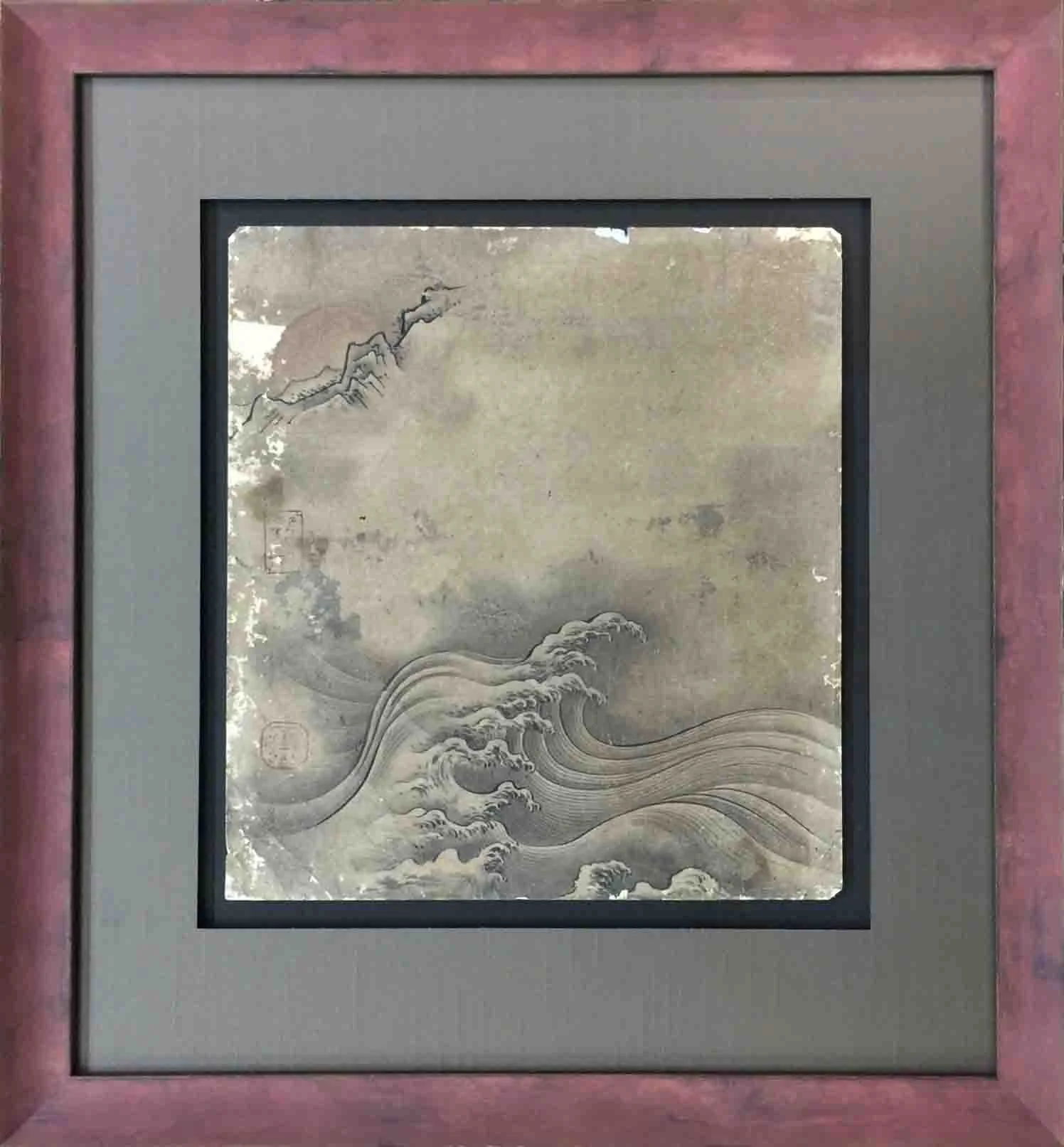 Antique woodblock print, floated on double silk matting. Hand finished red patina over gold leaf frame.