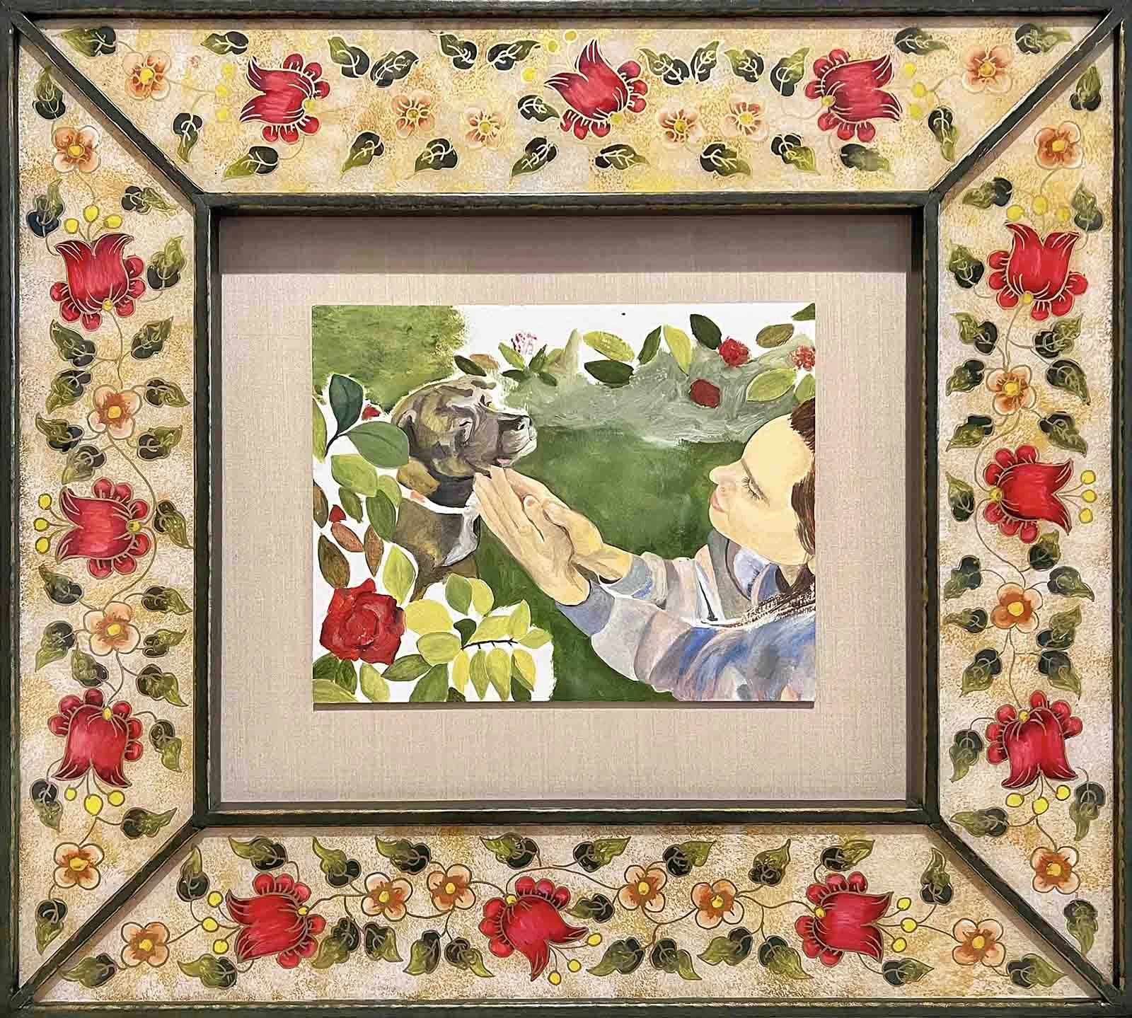 Original watercolor, mounted on silk backing with a custom hand painted floral glass picture frame bound in green leather.
