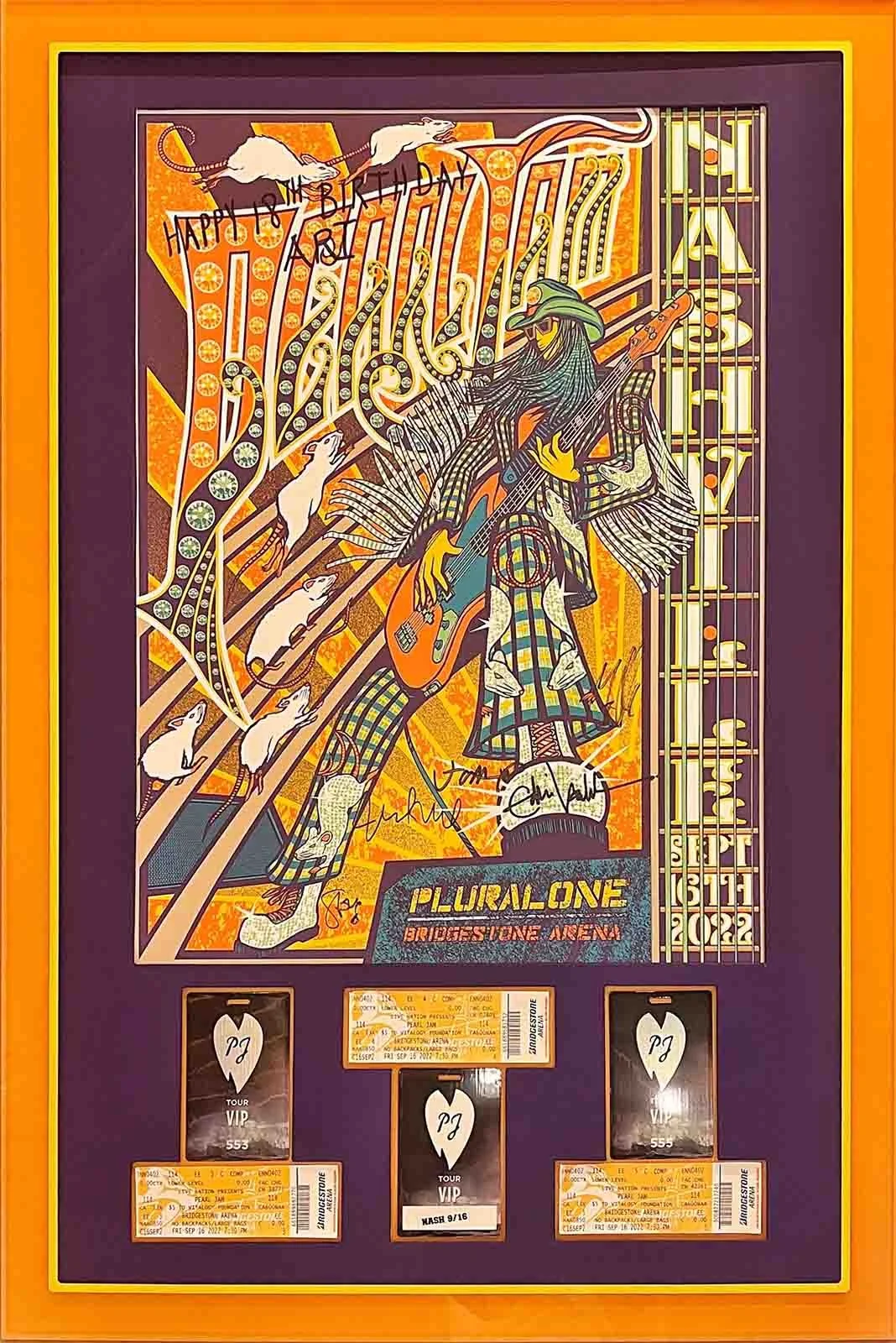 Pearl Jam poster and tickets mounted on hand wrapped orange & purple fabric matting, with custom orange and yellow acrylic frame