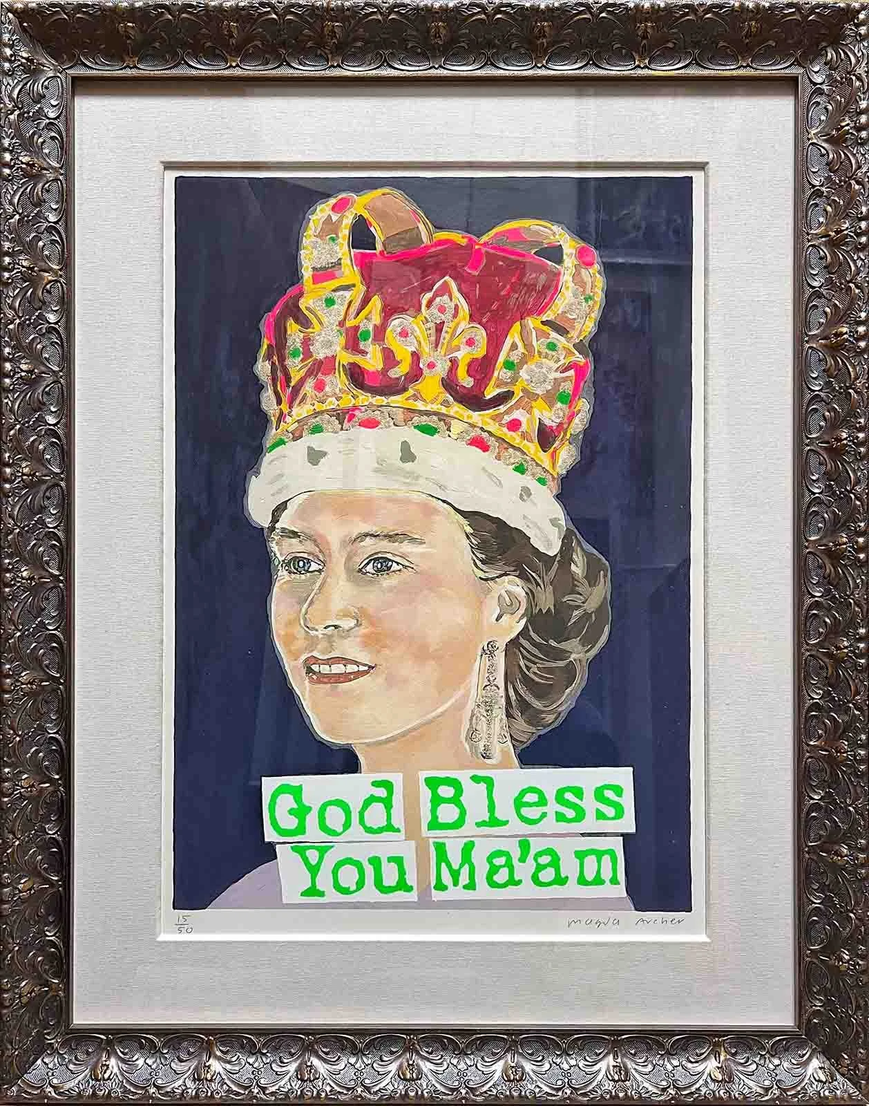 Print mounted with hand wrapped silk matting, in hand finished gold leaf frame with purple wash.