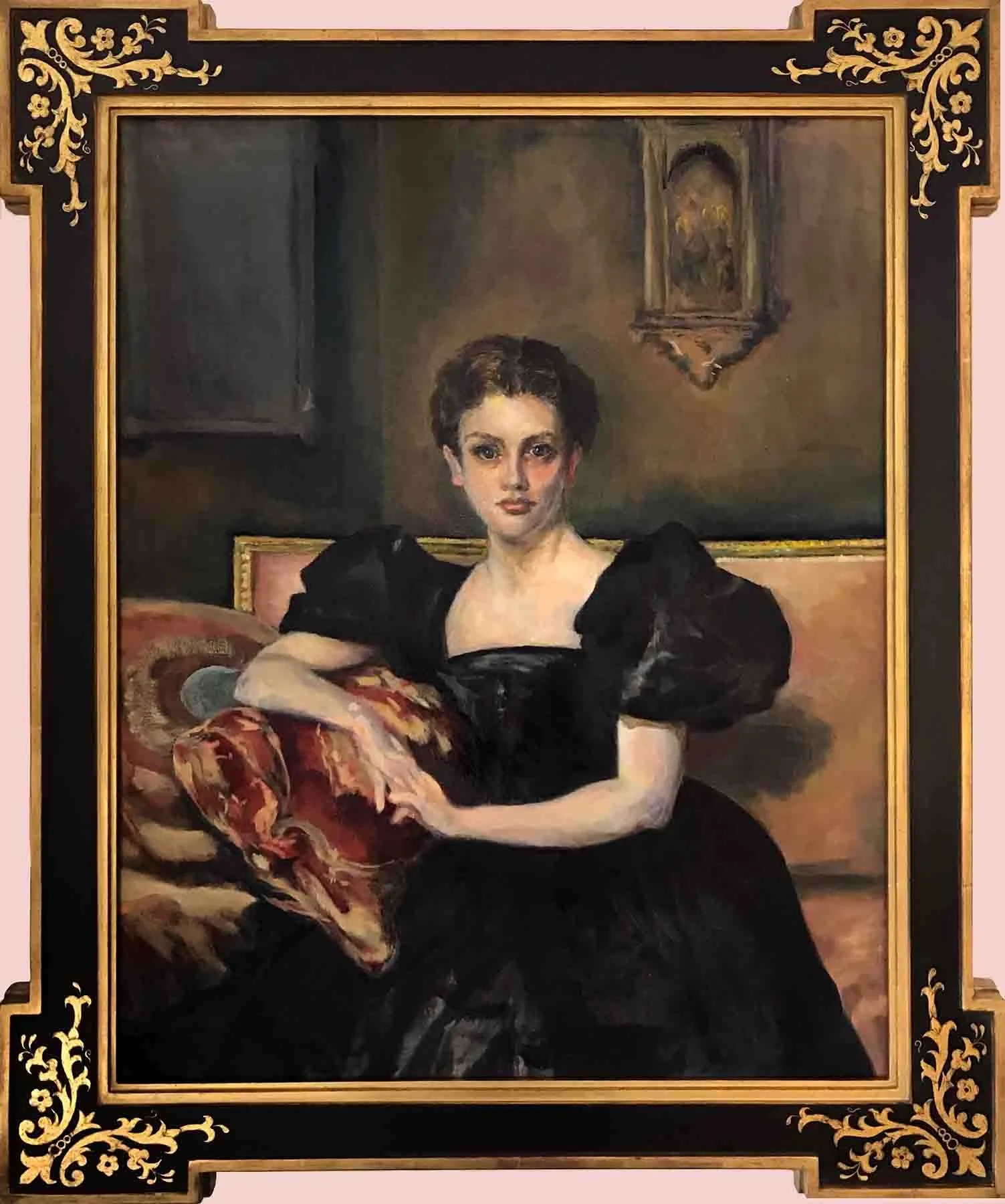 Replica John Singer Sargent painting, in custom finished-corner key block frame, sgrafitto over black on gold leaf.