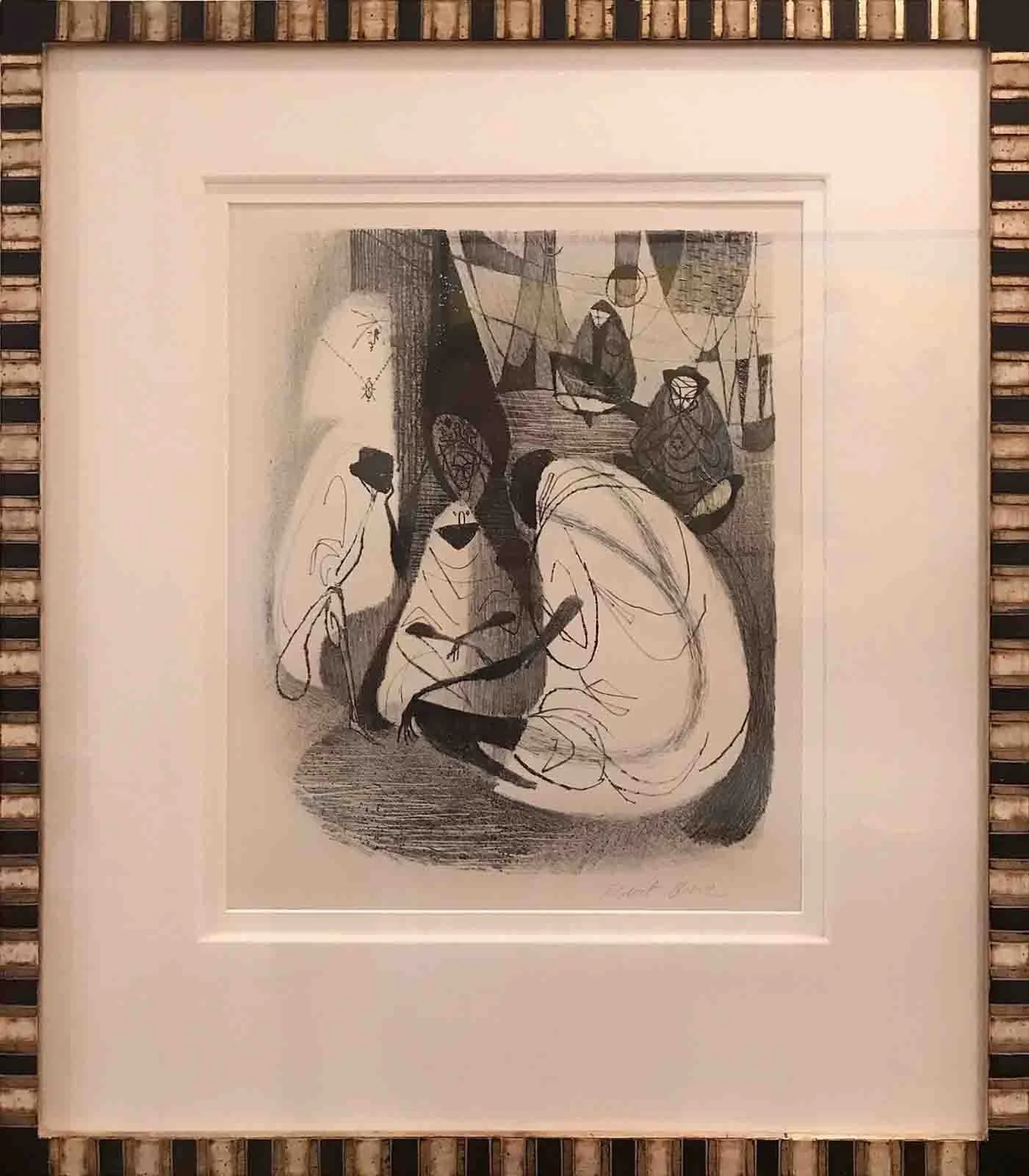 Print mounted with double cotton rag, and hand wrapped fabric matting. Hand carved finished corner frame with hand painted monotone pattern over gold leaf.