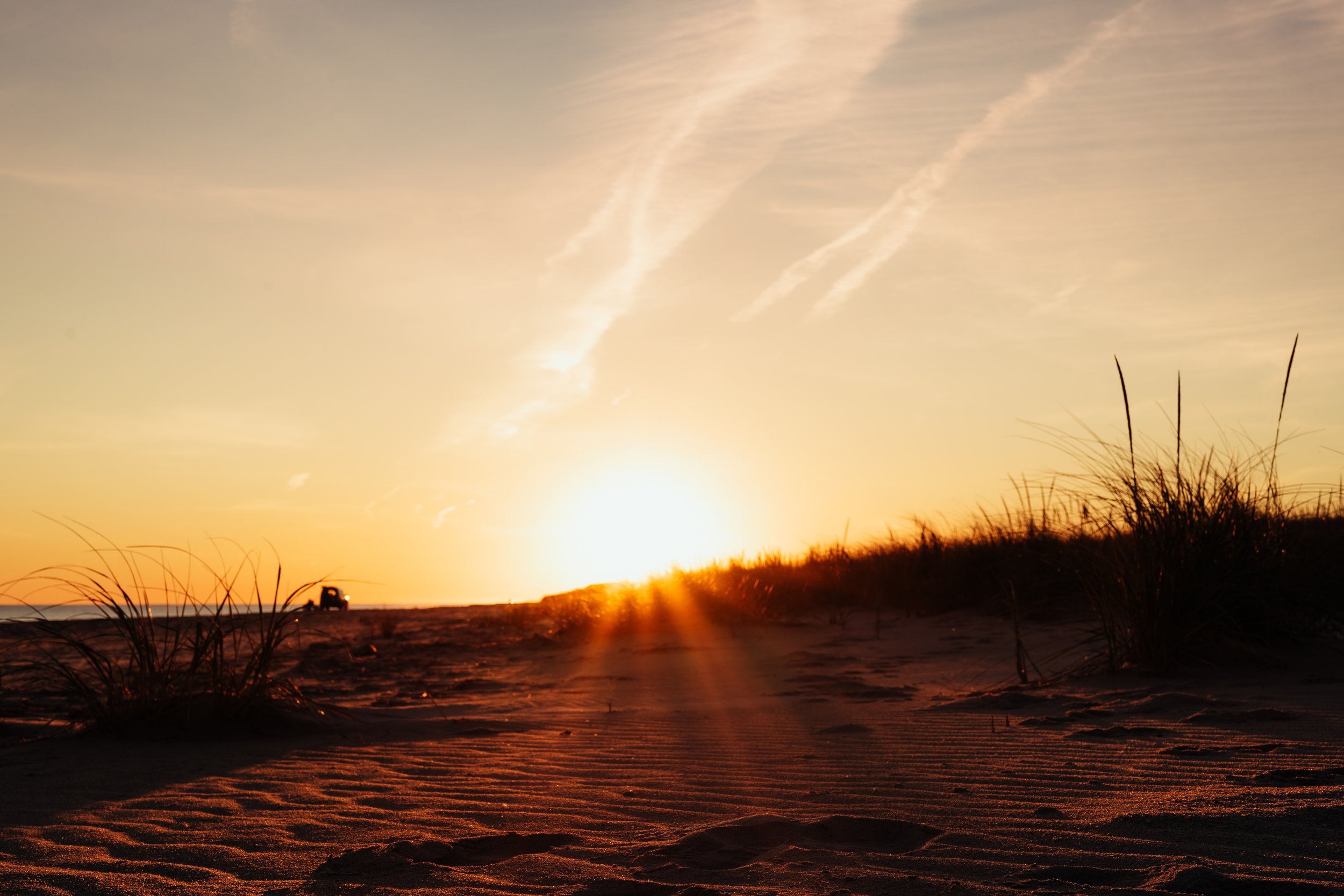 Sunset over a sandy beach with grasses, with the sun low on the horizon and a clear sky with wispy clouds.