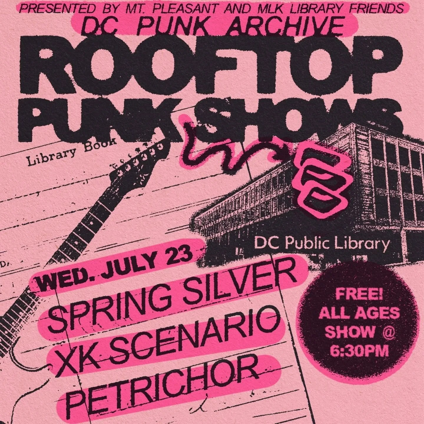 We are playing the @dcpubliclibrary Rooftop Punk Show alongside the VERY old friends @springsilvergram and new friends @petrichordc on
Wed, July 23rd at 6:30PM FREE SHOW BTW.
Now yes, some of yall might be thinking. Wait, arent yall playing with S
