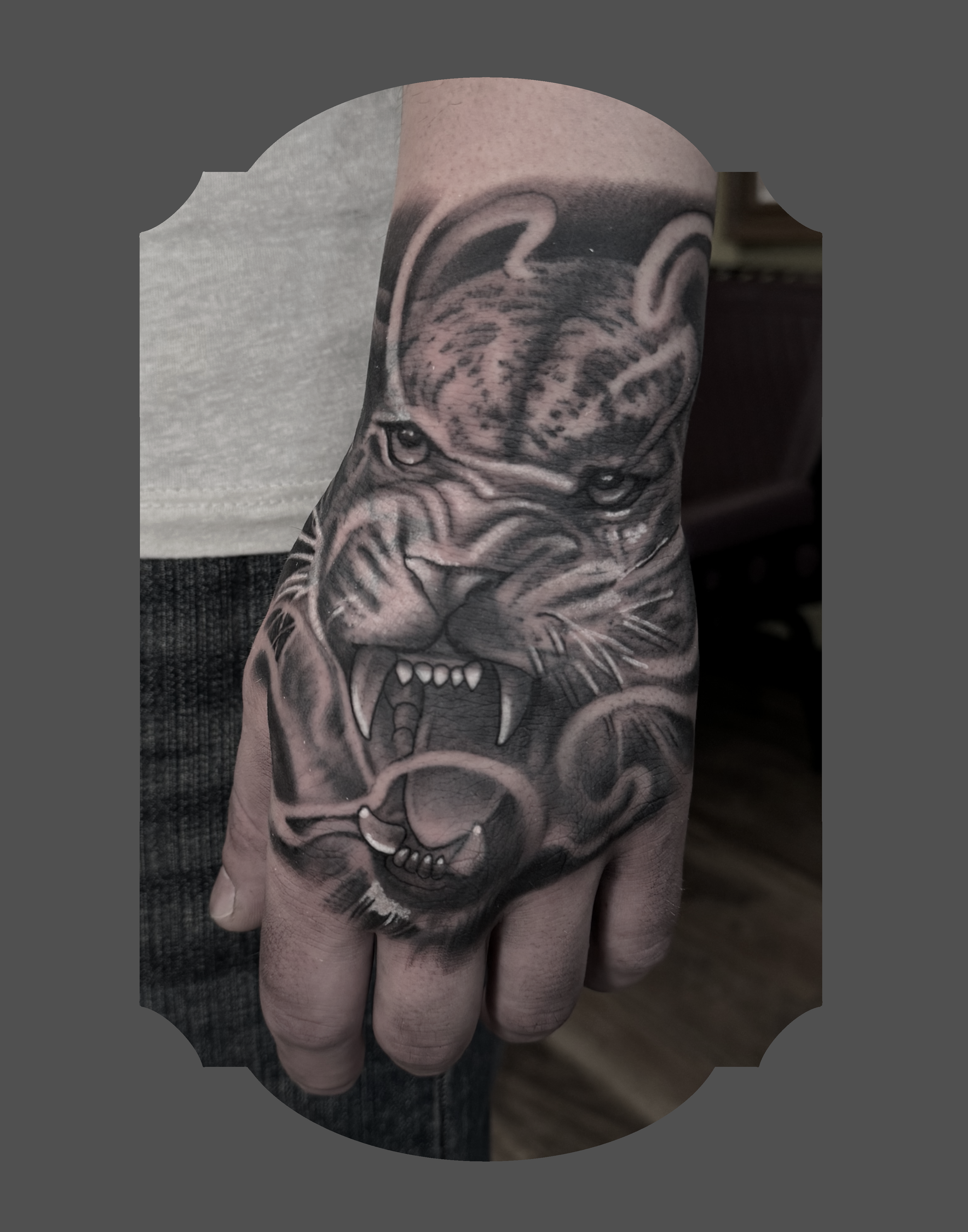 Black and gray tattoo of a fierce snarling wolf with bared teeth on a person's arm.