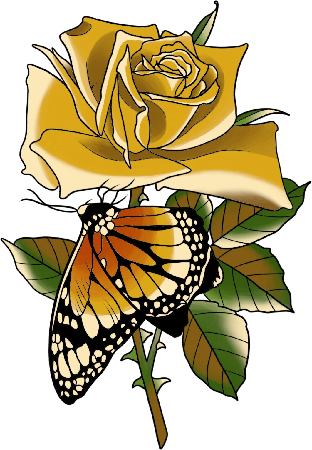 A yellow rose with green leaves and a monarch butterfly resting on the stem.