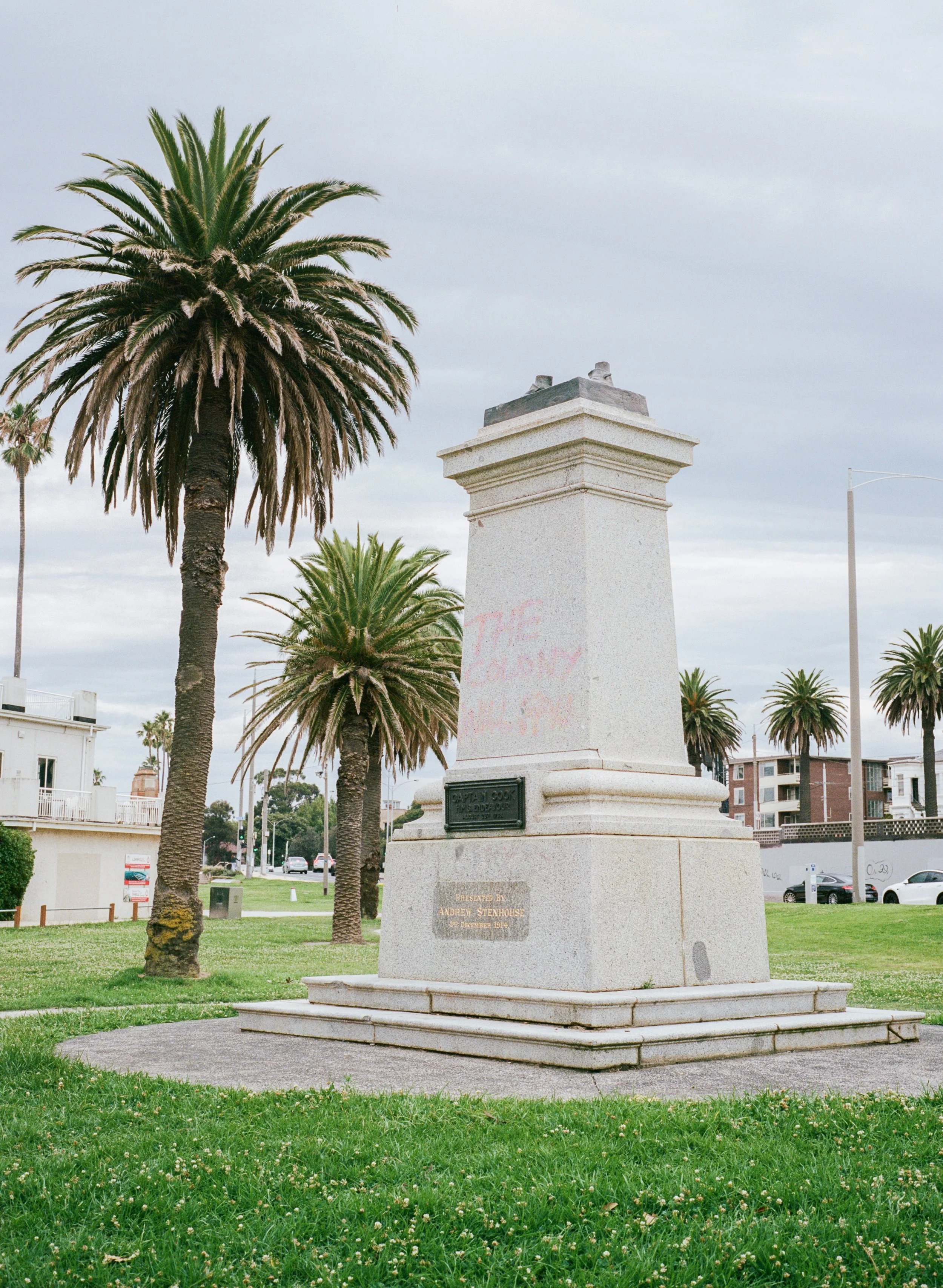 'The colony will fall'. The feet of a statue of Captain Cook, the morning after being cut down by activists on Invasion Day. Melbourne, VIC.