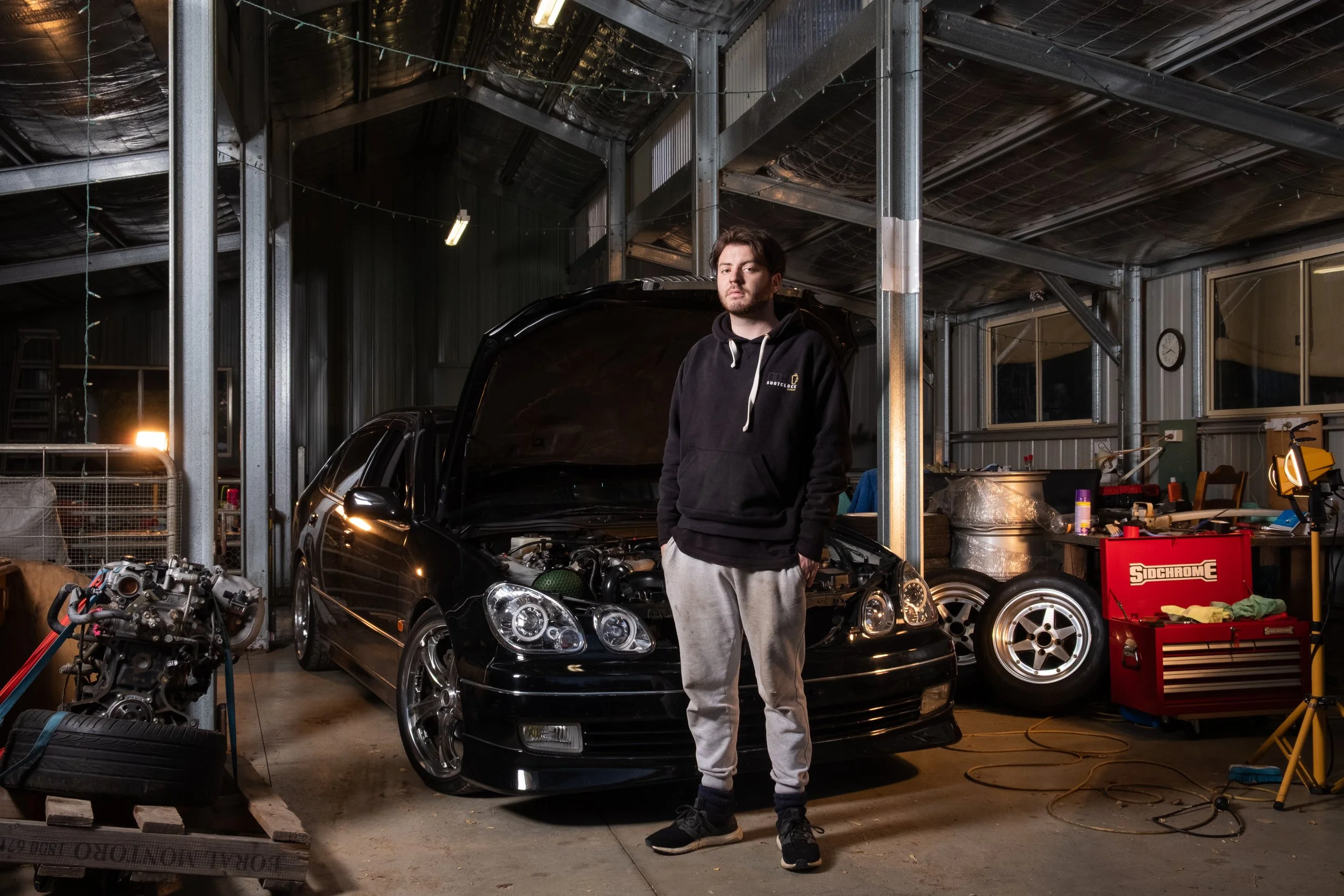 James with his Toyota Aristo in his shed. Canberra, ACT.
