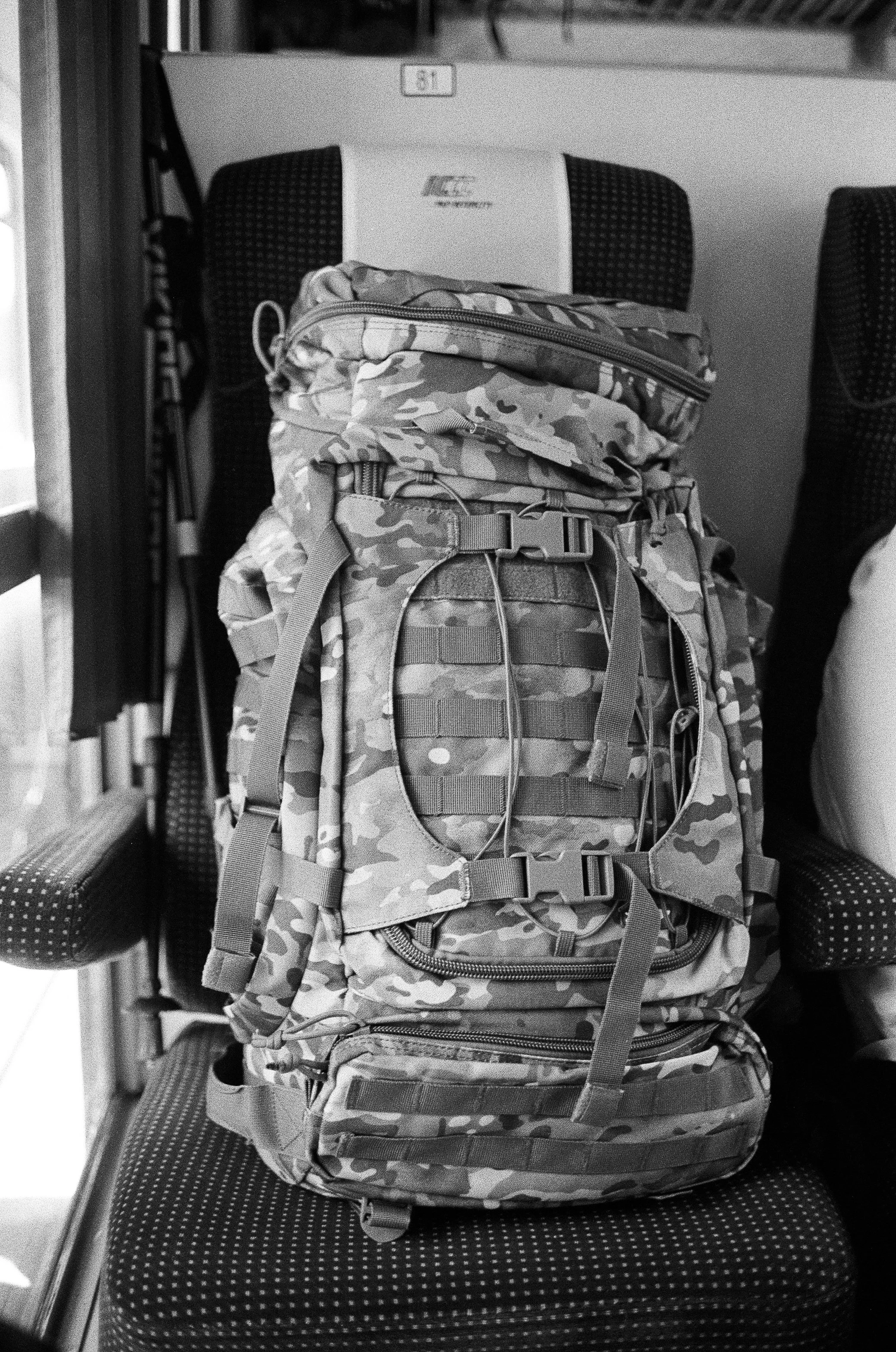 Backpack on a train heading to Lviv.