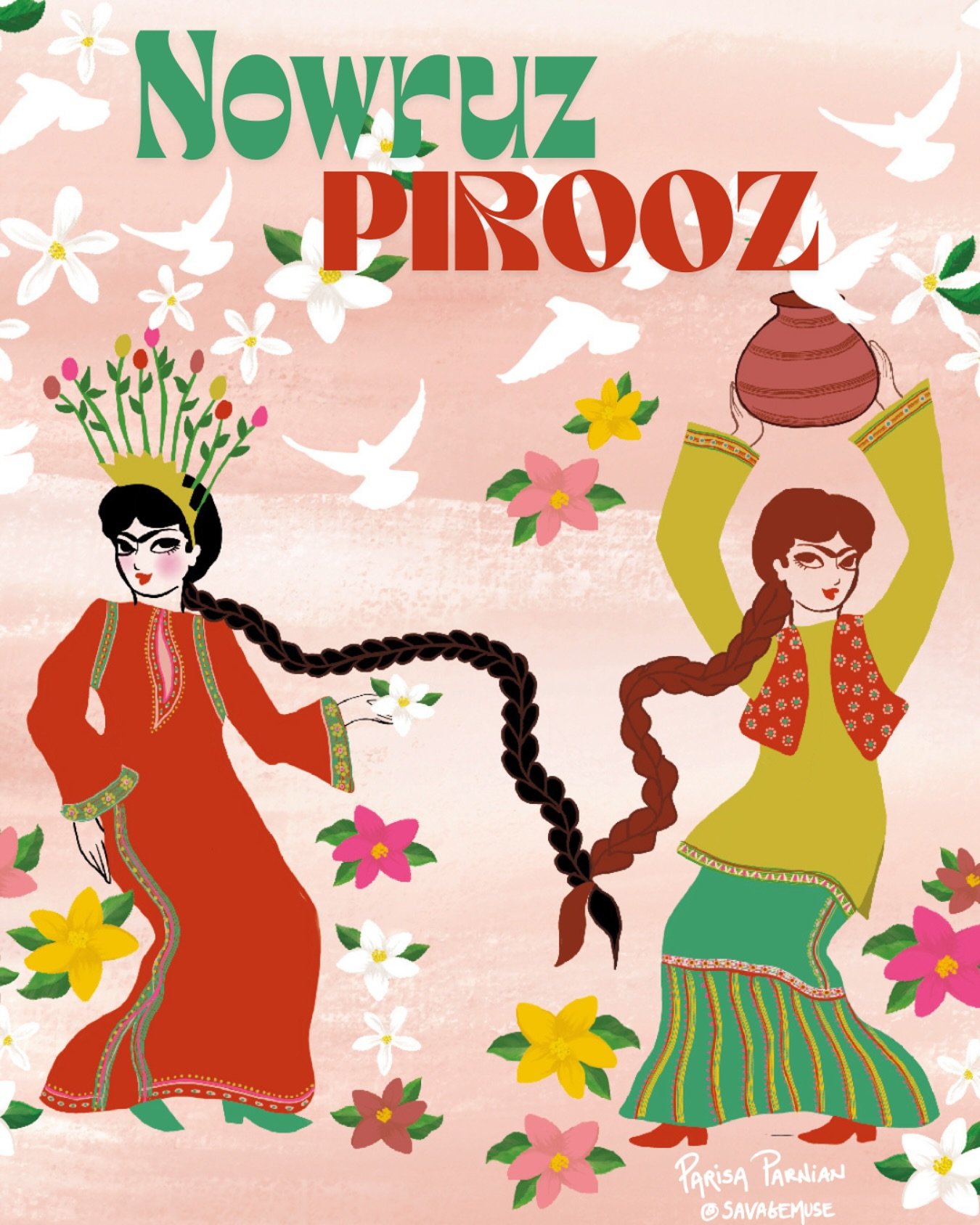 Nowruz is a portal&mdash;an invitation to renewal, resilience, and rebirth. 

This illustration celebrates the powerful feminine forces of tradition and transformation, weaving the past into something bold and alive. 

The long braids symbolize conti