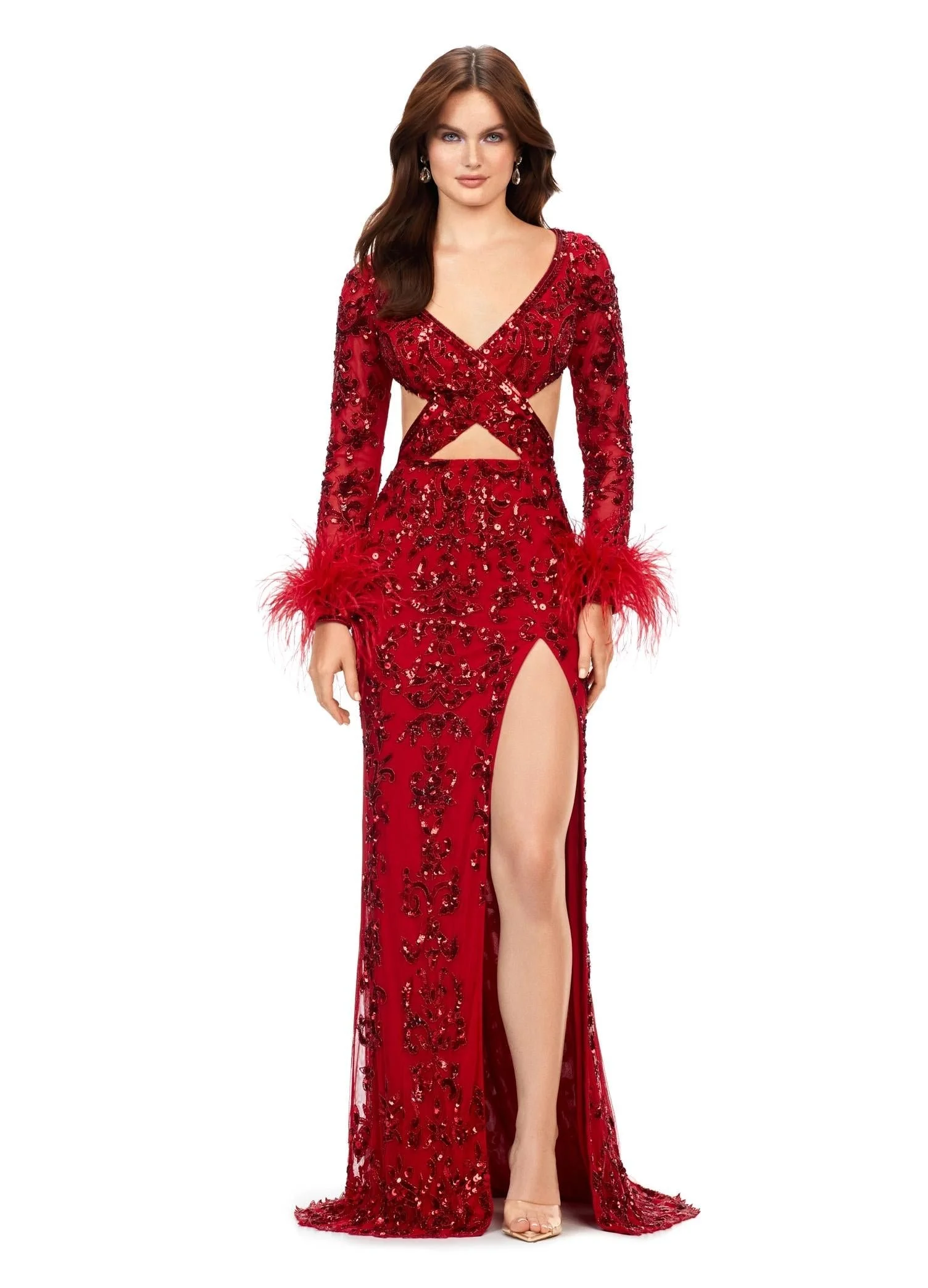 Close_Up_-_Sky_ASHLEYlauren_11364_beaded_gown_featuring_a_V-neckline_crisscross_cut-out_bodice_long_sleeves_trimmed_with_feathers_left_leg_slit_and_a_sweep_train_for_added_drama..jpg