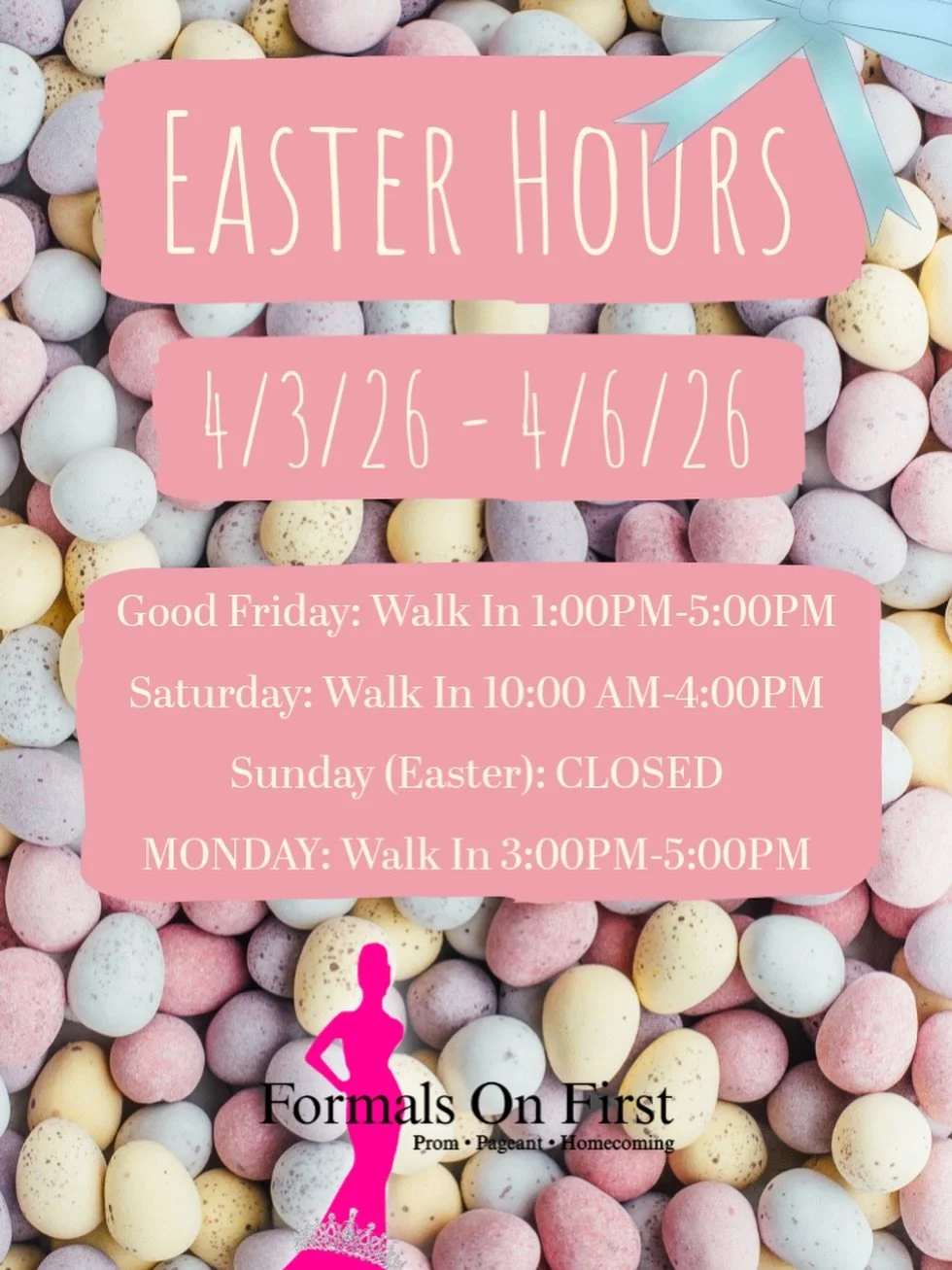 Come see us during our Easter Hours this week! 🐣
We have extended hours on Good Friday! Perfect for prom shopping 🛍️✨

New arrivals are in so come see them this weekend!

#prom #promshop #prom2026