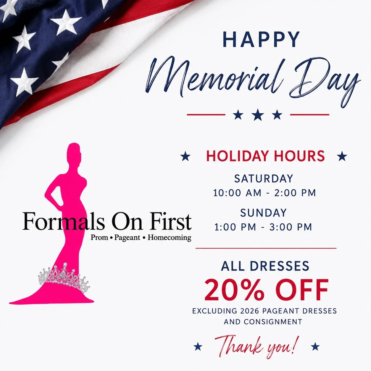 🇺🇸Come see us this weekend during memorial weekend to get 20% off any dress!🇺🇸
*excluding 2026 pageant dresses and consignment dresses

The perfect time to shop for a new pageant dress!
Come see us Saturday 10:00-2:00 and Sunday 1:00-3:00!