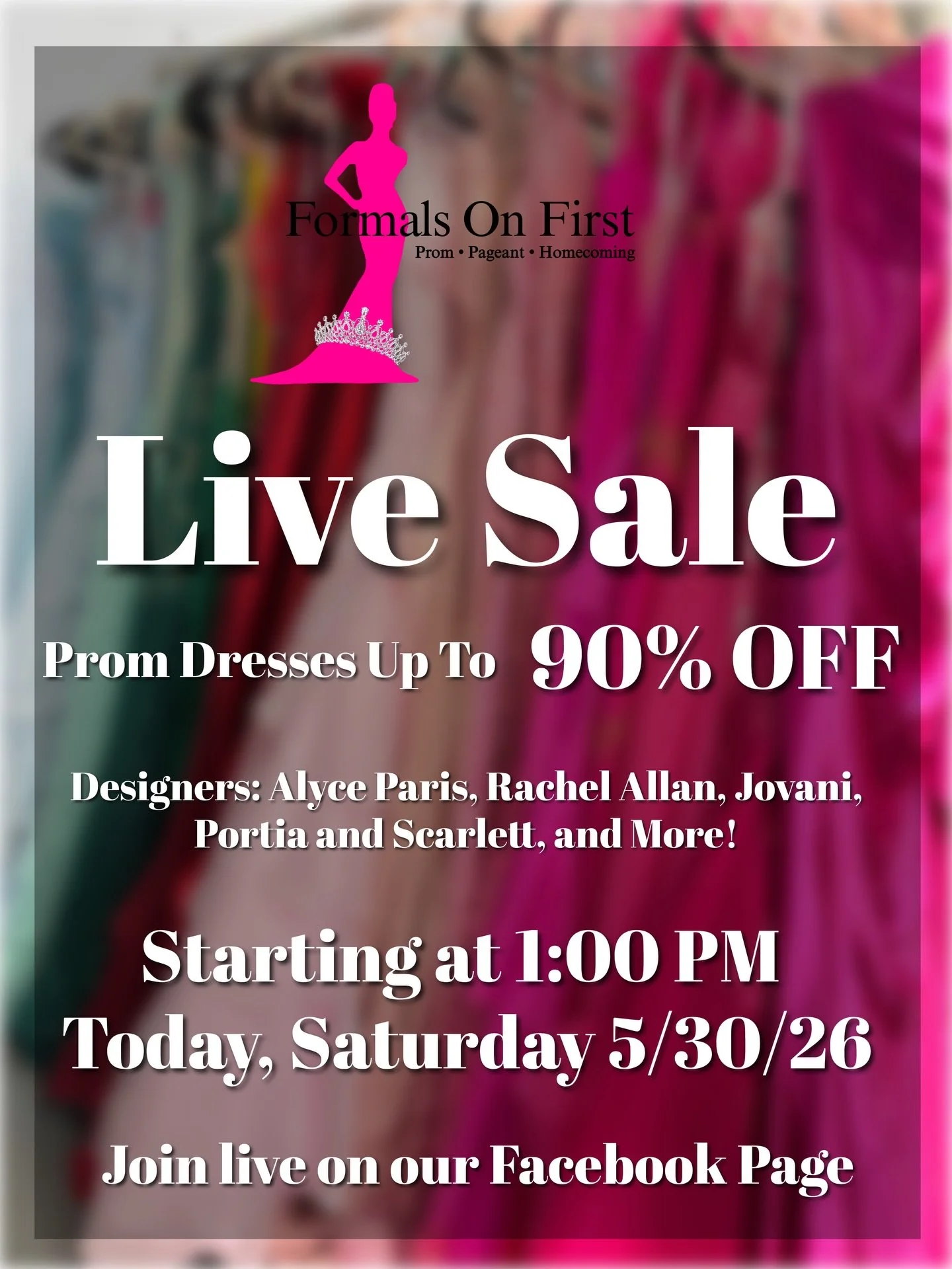 🚨 LIVE PROM SALE STARTS TODAY AT 1:00 PM! 🚨

Join us LIVE on our Facebook page and shop gorgeous designer prom dresses at up to 90% OFF! ✨

Featuring designers like Alyce Paris, Rachel Allan, Jovani, Portia &amp; Scarlett, and more!

How to claim a