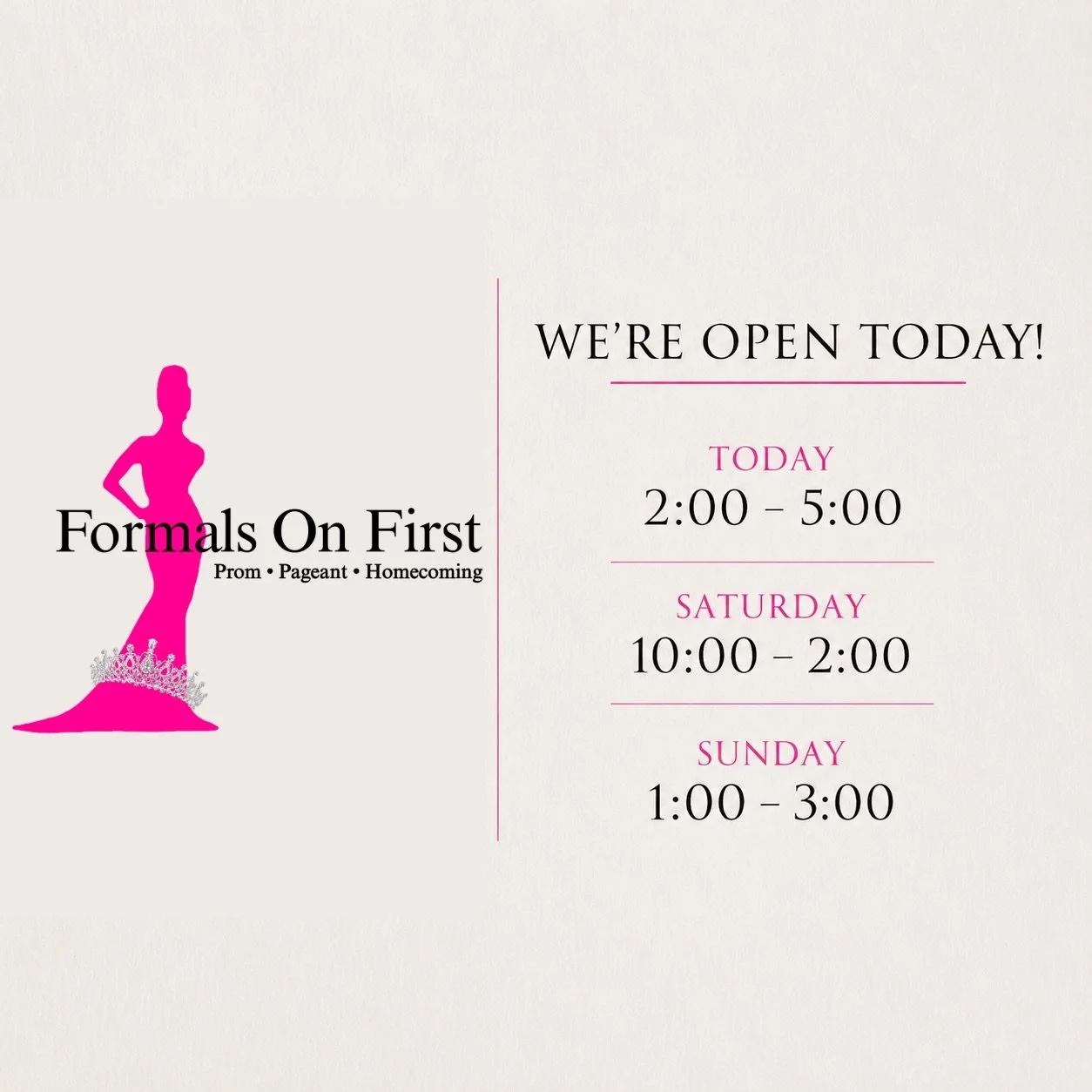 Come shop with us today from 2:00-5:00!!
We are also open this weekend for walk in Saturday 10:00-2:00 and Sunday 1:00-3:00!

The perfect time to come shop for your next pageant dress!💕

#pageant #pageantdress #prom